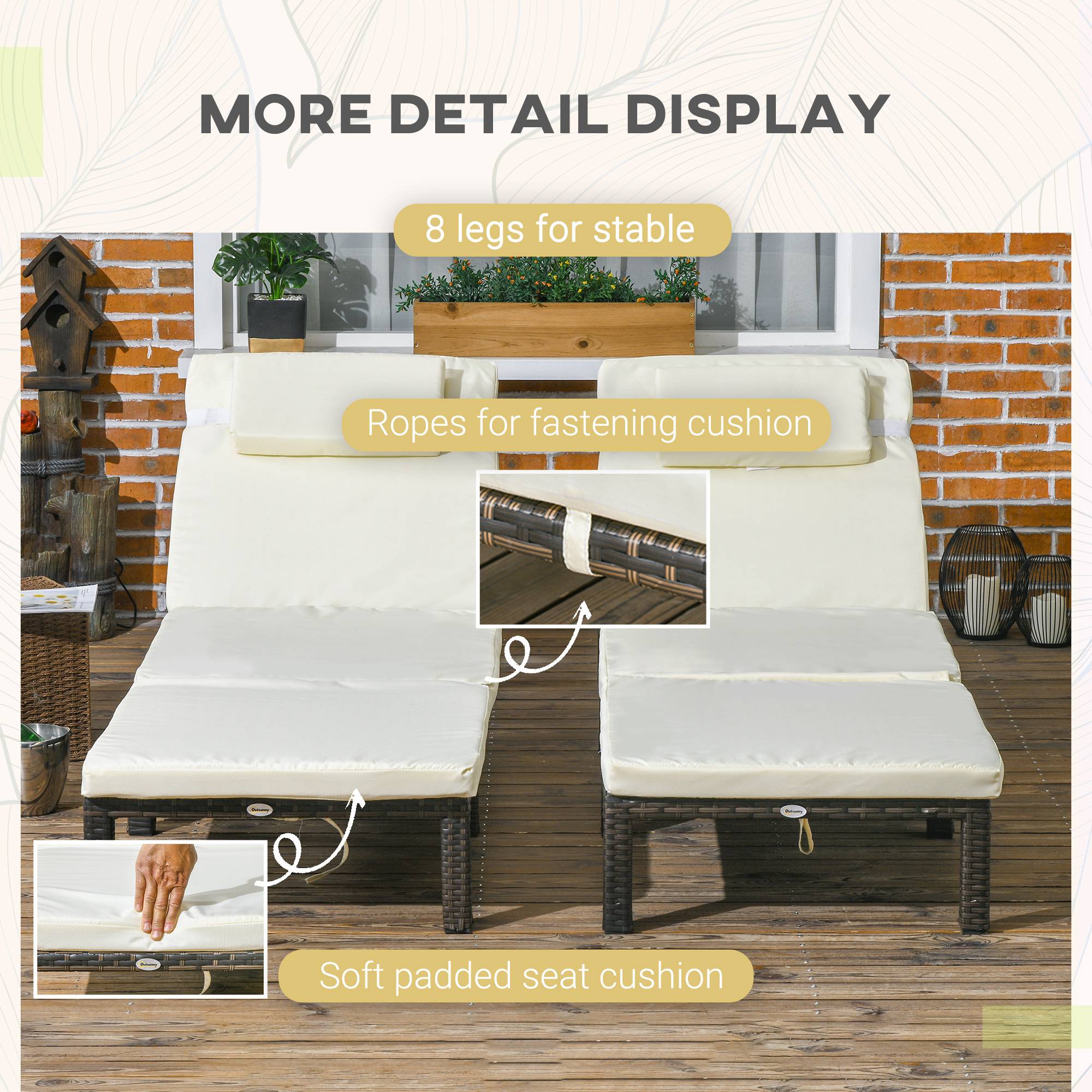 Outsunny Set of Two Reclining Rattan Sun Loungers, with Cushions - Brown/Cream - North Peak Garden Furniture