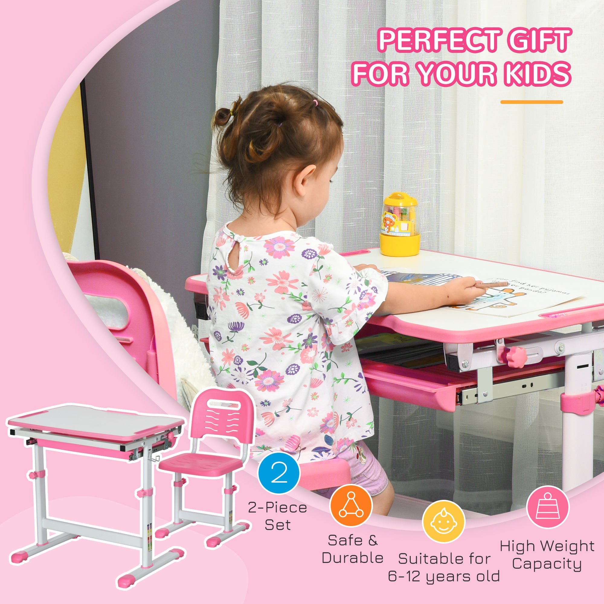HOMCOM Kids Desk and Chair Set, Student Adjustable Writing Desk, with Drawer, Pen Slot, Hook - Pink - North Peak Garden Furniture