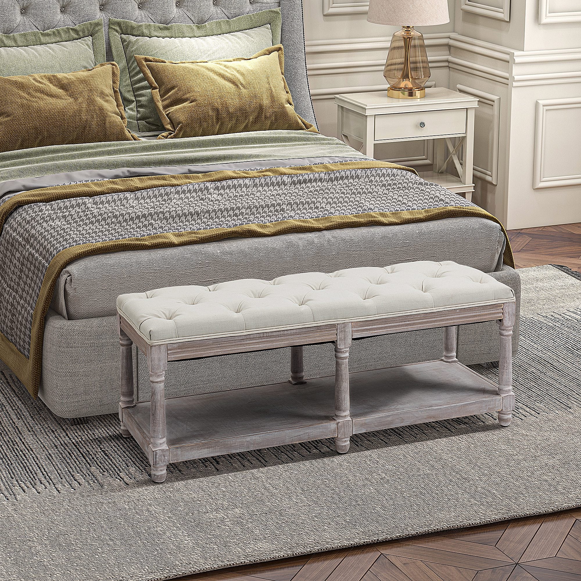 HOMCOM 2-Tier Bed End Bench, Vintage Stool, Wooden Window Seat with Storage Shelf, Button Tufted Upholstered Footstool for Living Room, Bedroom, Entryway, Cream White - North Peak Garden Furniture