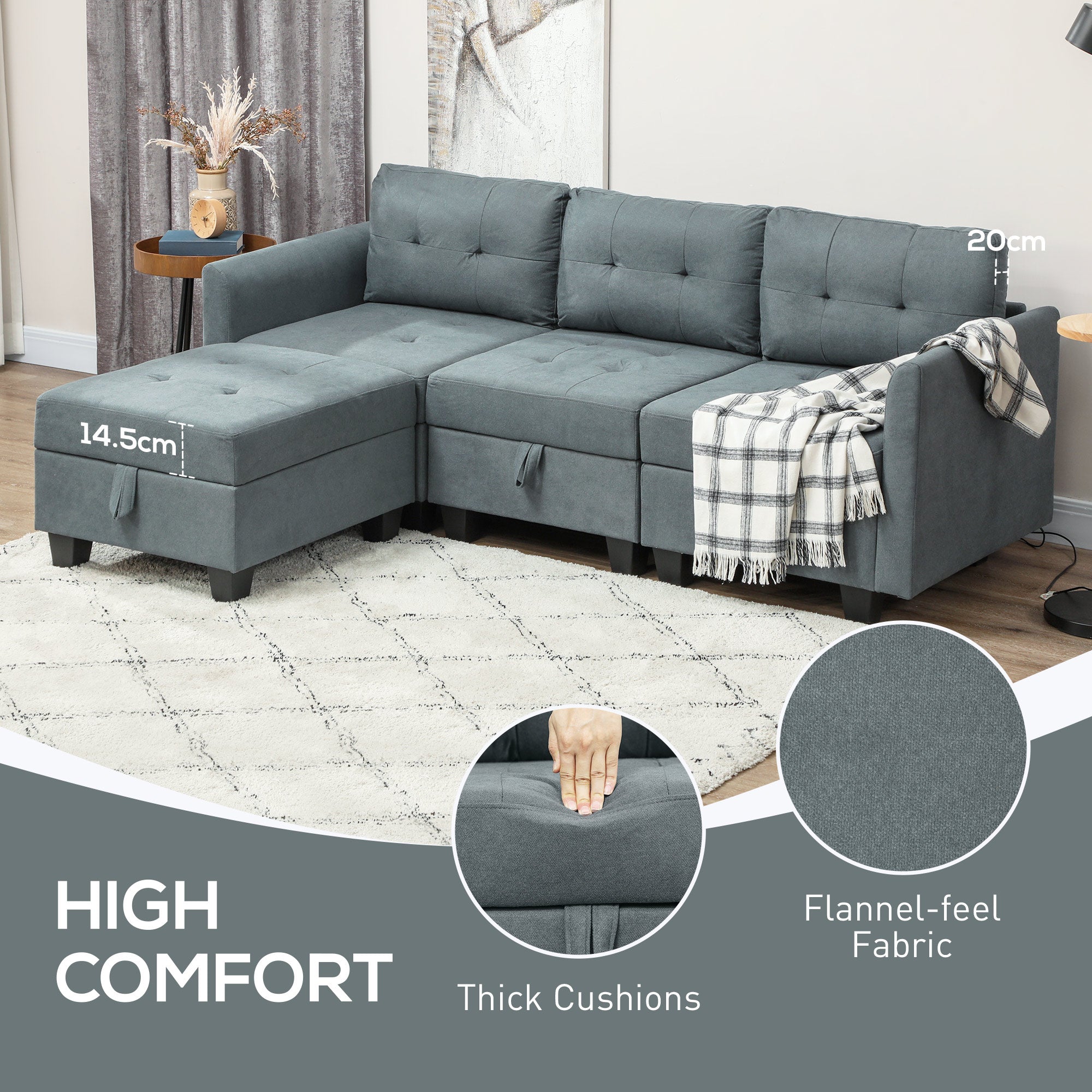 HOMCOM 'L' Shape Modular Sofa, with Storage - Dark Grey - North Peak Garden Furniture