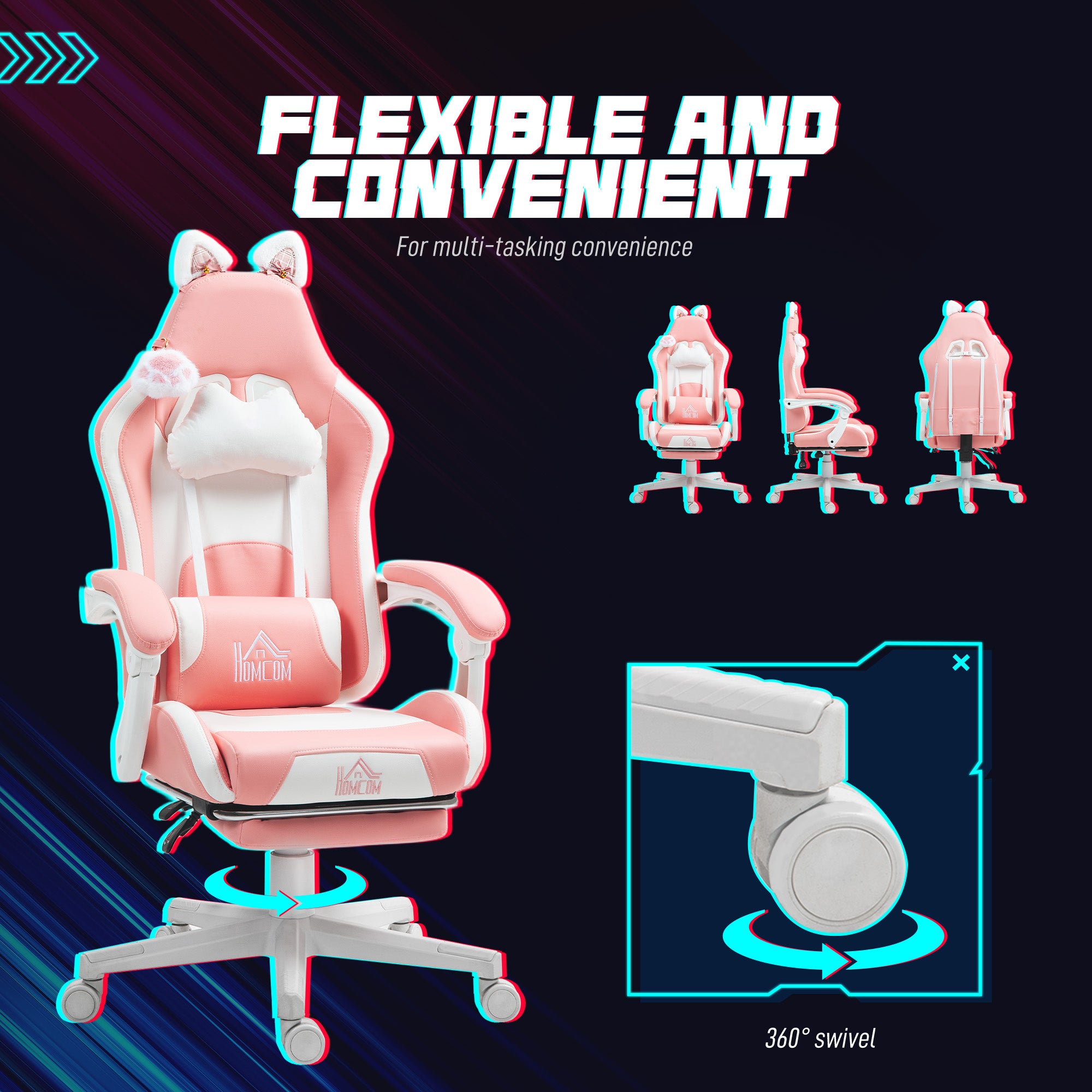 HOMCOM Cat Ear and Paw Reclining Office Chair, with Footrest - Pink/White - North Peak Garden Furniture
