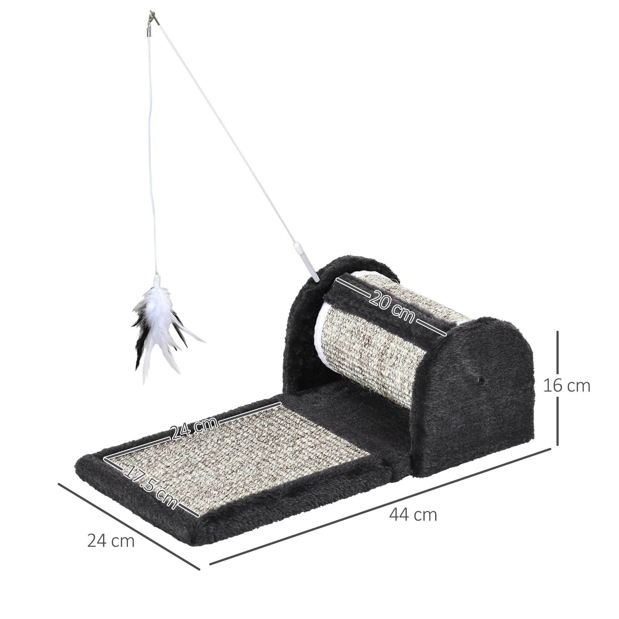 PawHut Cat Scratcher, Sisal Cat Scratching Board Mat Pad with Roller, Feather Toy, 44 x 24 x 16 cm, Grey