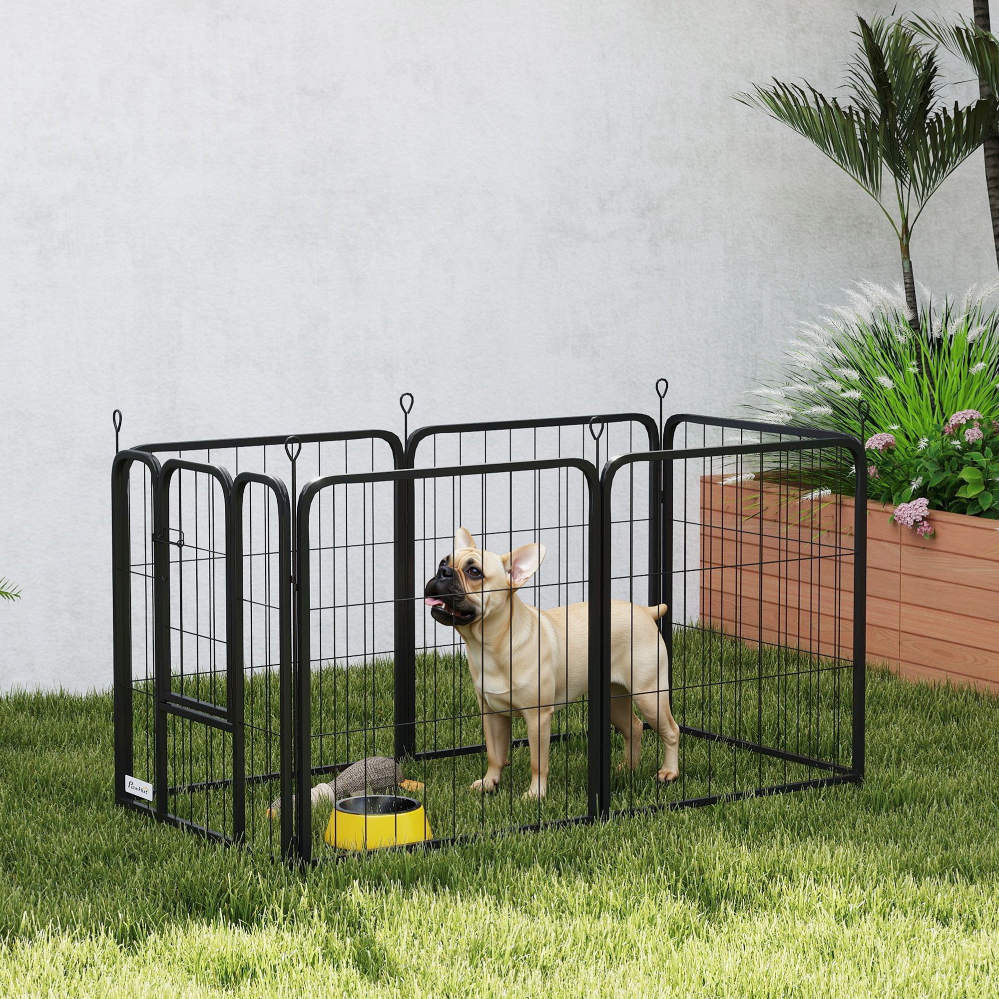 PawHut 6 Panels Heavy Duty Dog Playpen with Secure Door, for Indoor Outdoor, for Garden, Camping, 60cm High - North Peak Garden Furniture