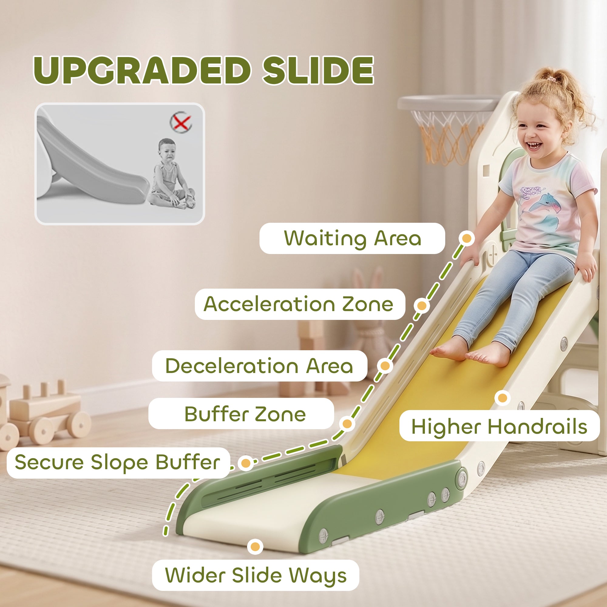 AIYAPLAY Foldable 5 in 1 Toddler Slide with Ladder, Climbing Wall, Basketball Hoop, Storage and Basketball for 1-3 Years, Cream
