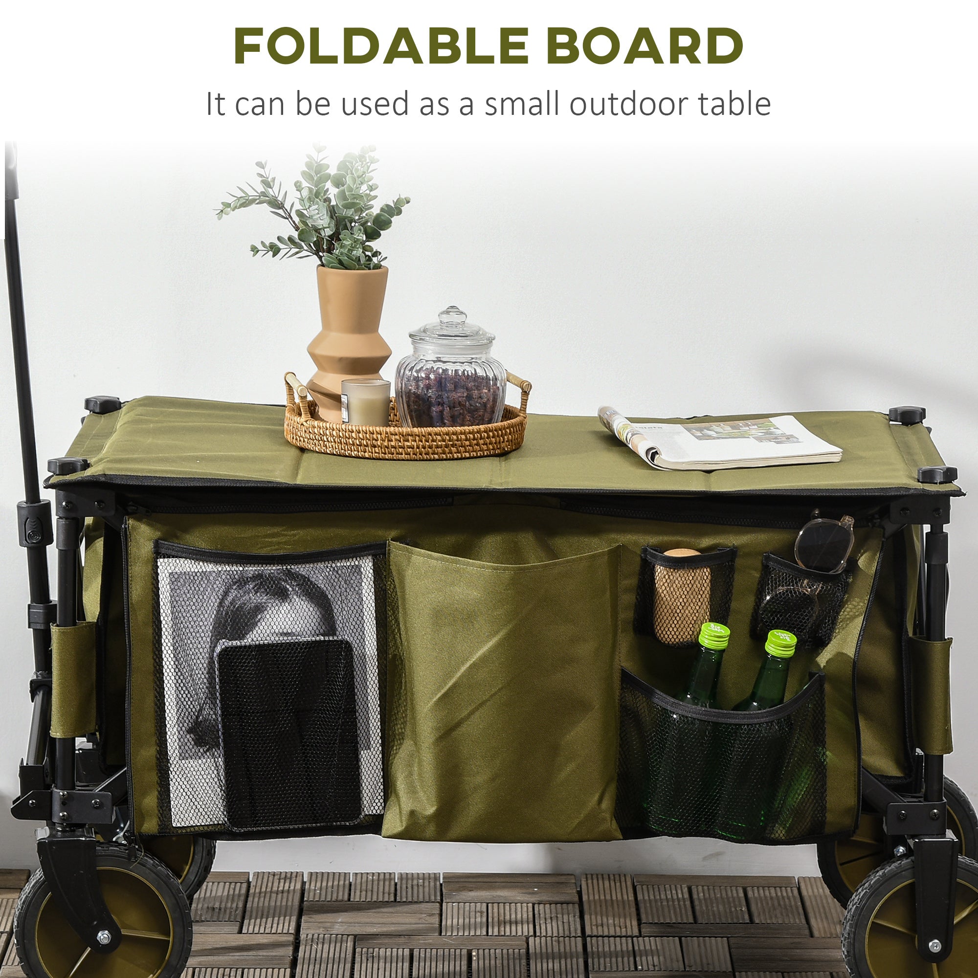 Outsunny Folding Garden Trolley, Cargo Trailer on Wheels, Collapsible Camping Trolley with Folding Board, Outdoor Utility Wagon with Steel Frame and Oxford Fabric, Green - North Peak Garden Furniture