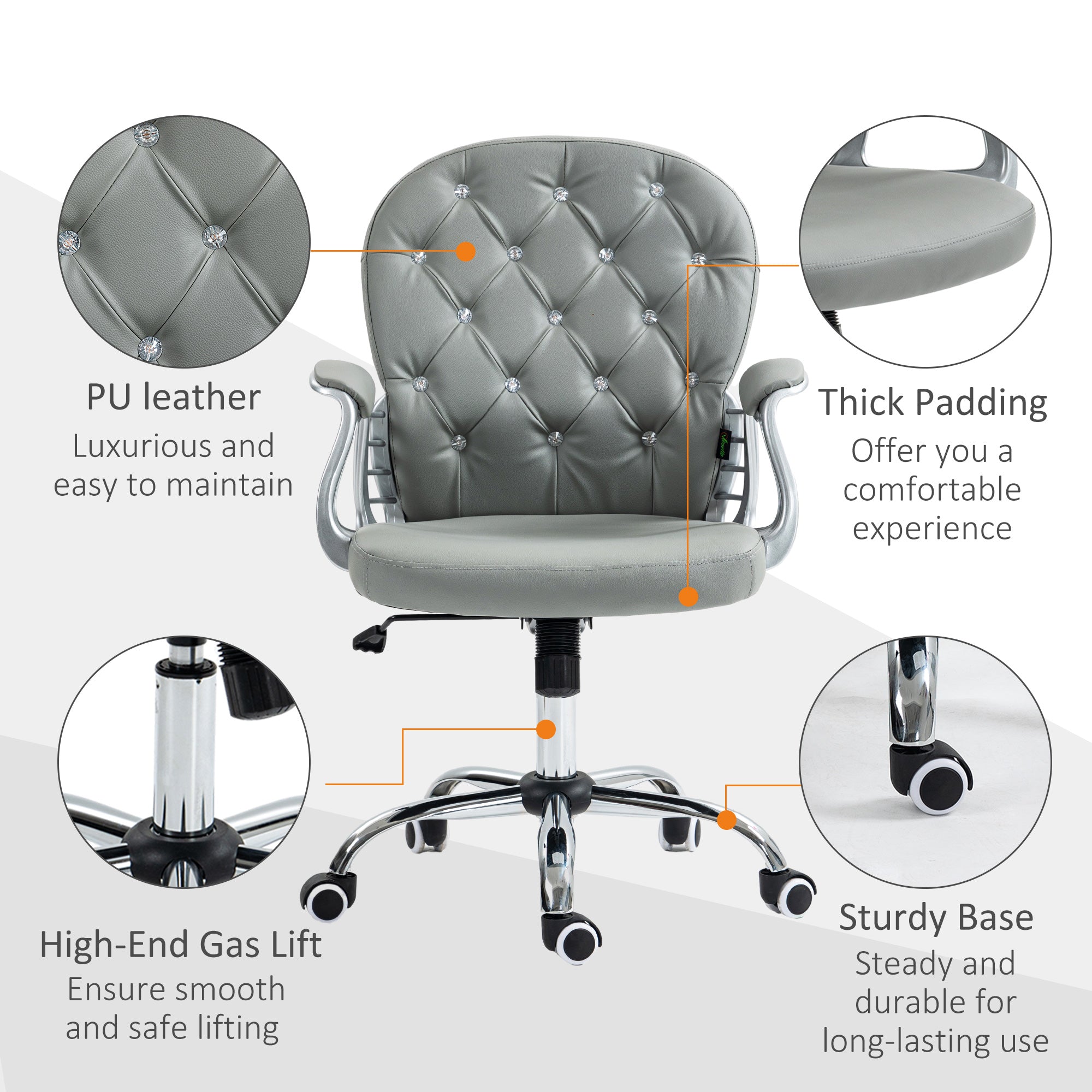 Vinsetto Office Chair Ergonomic 360° Swivel PU Diamante Padded Base 5 Castor Wheels for Home Work Grey - North Peak Garden Furniture
