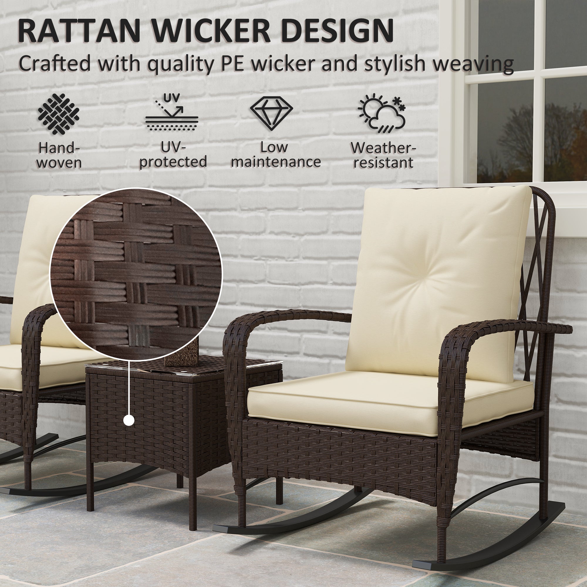 Outsunny Three-Piece Rocking Chair Rattan Bistro Set - Brown - North Peak Garden Furniture