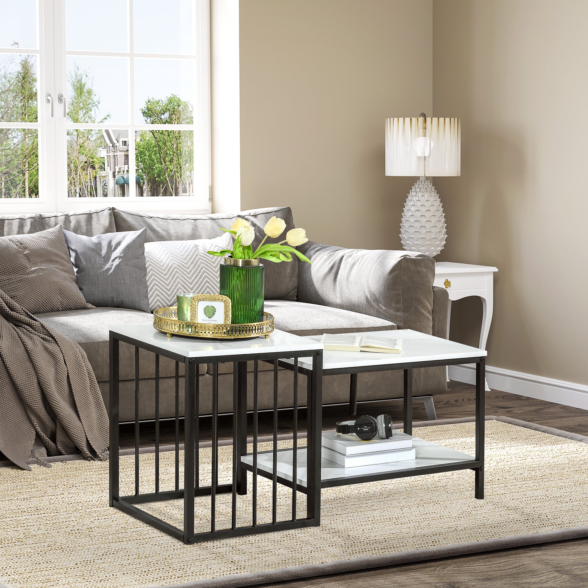 HOMCOM Modern Coffee Table Set of Two, Marble-Effect Nesting Side Tables with Steel Frame for Living Room, White, Black - North Peak Garden Furniture