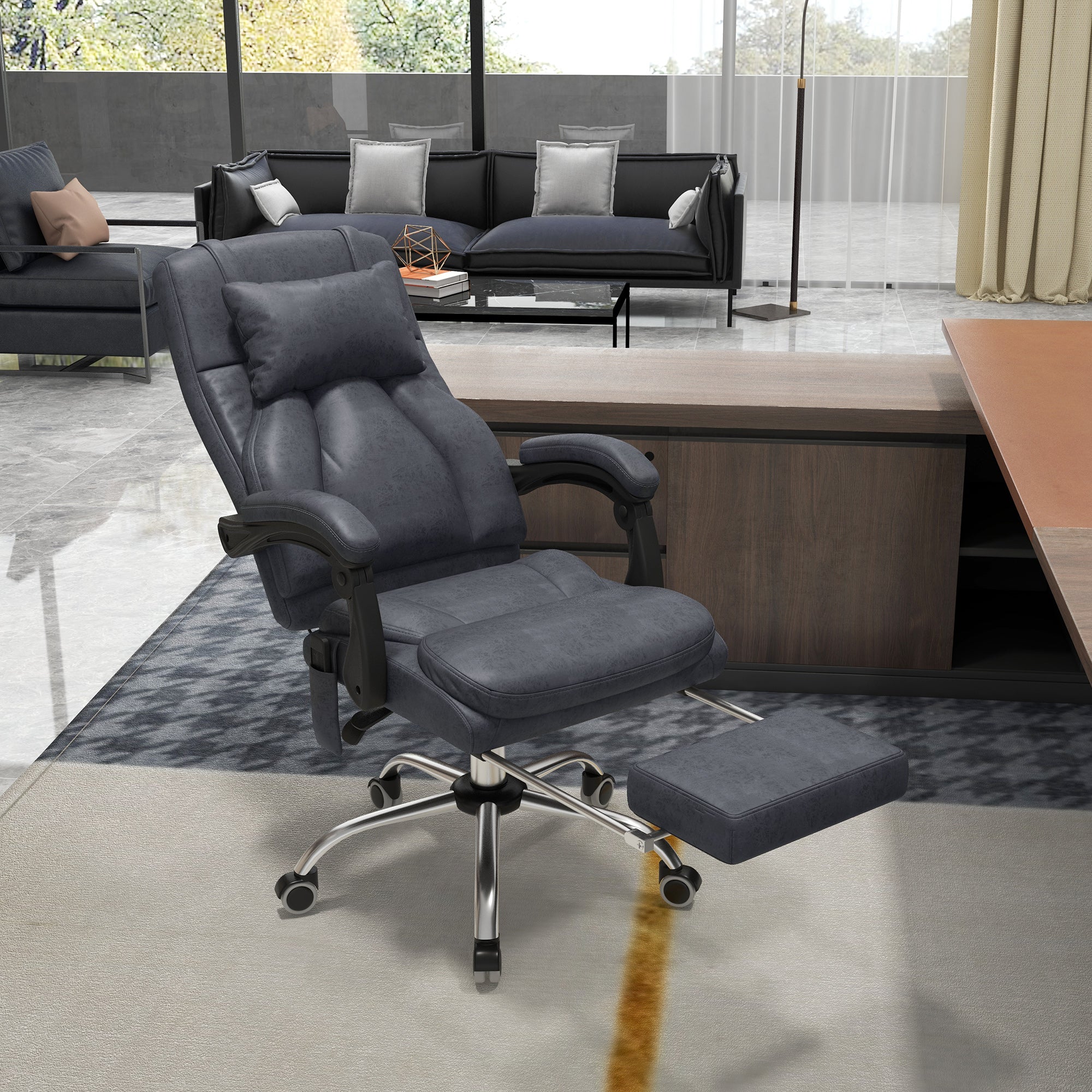Vinsetto Office Chair with Lumbar Massage, 135° Reclining Computer Chair with Adjustable Headrest, Retractable Footrest, 10cm Double Padded Seat, Microfiber Fabric, Metal Base, Dark Grey - North Peak Garden Furniture