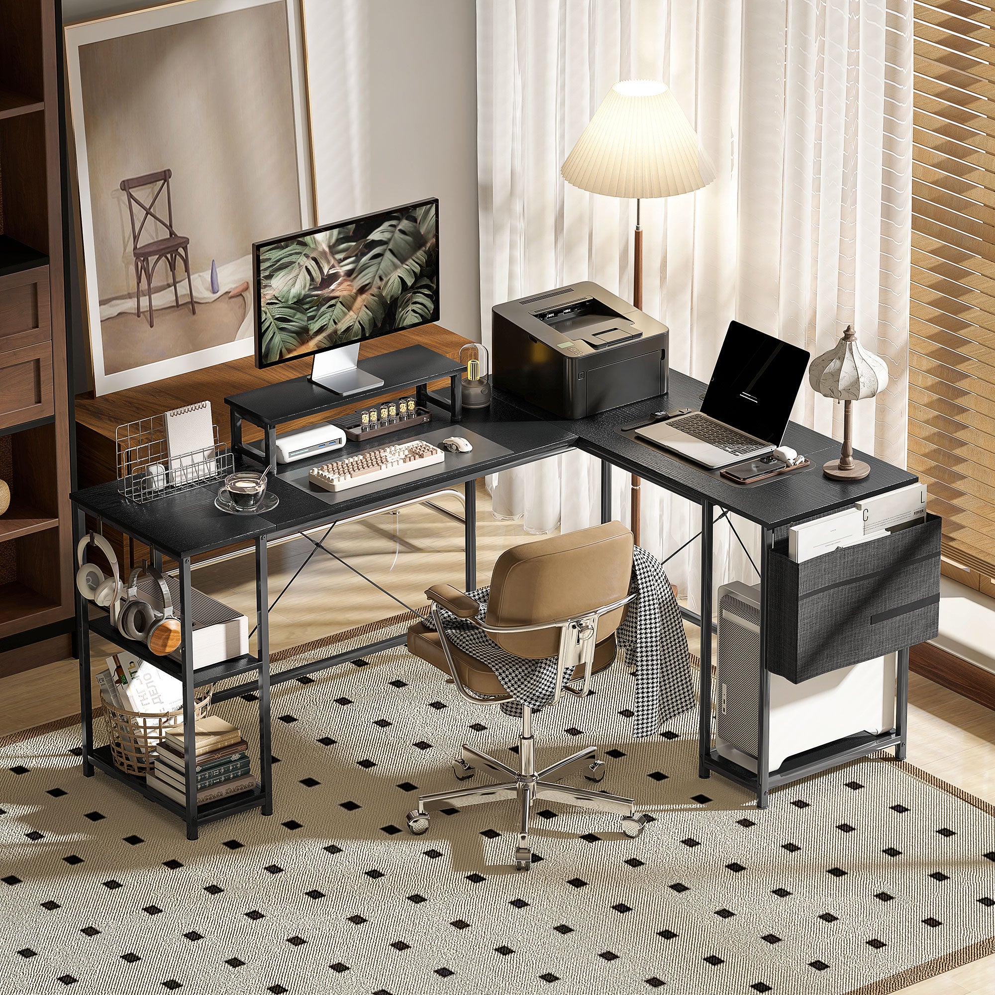 HOMCOM 168cm Reversible L Shaped Desk, Industrial Corner Computer Desk with Adjustable Shelf and Storage Bag, 240cm 2 Person Desk with Monitor Stand, Black - North Peak Garden Furniture