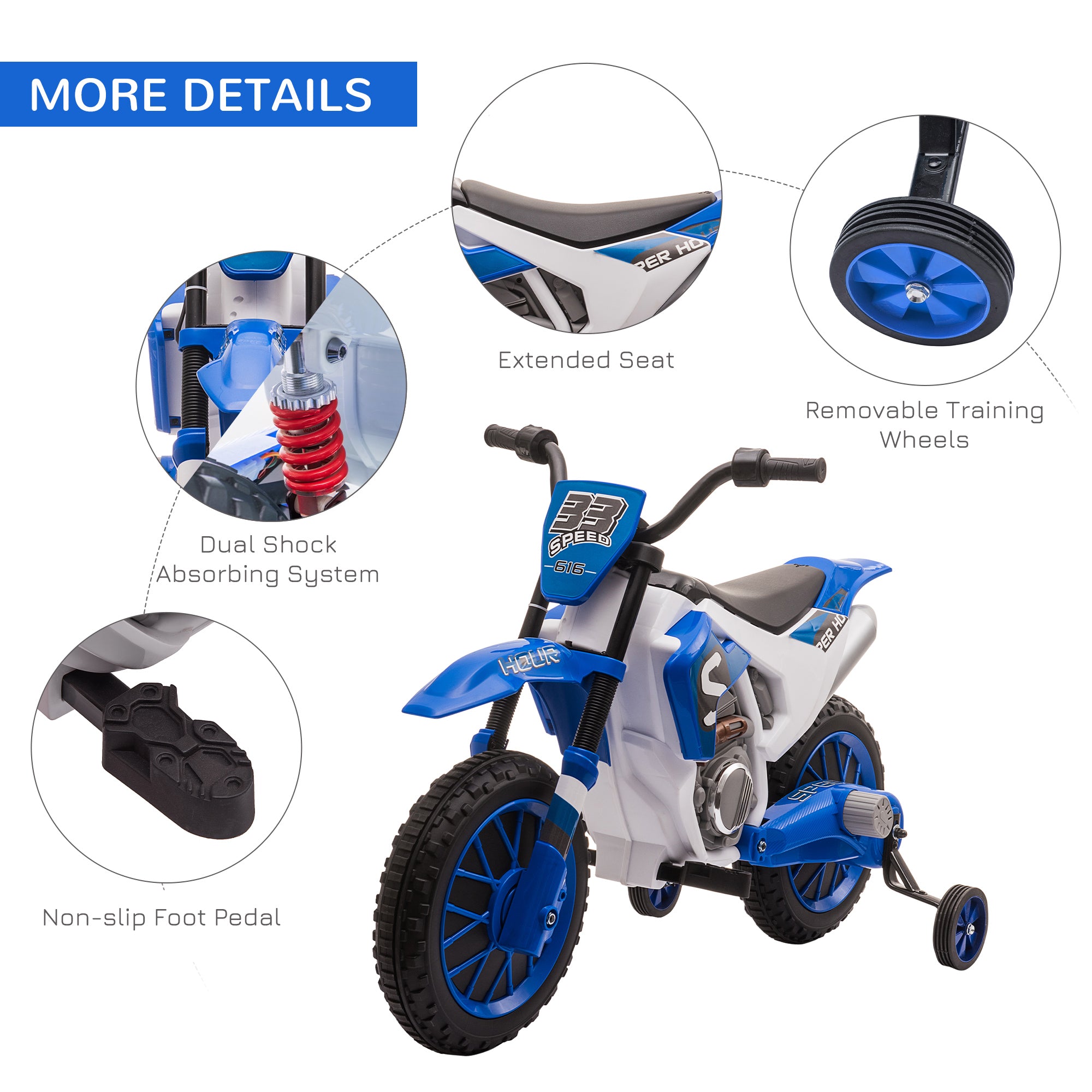 HOMCOM 12V Kids Electric Motorcycle Ride-On, with Training Wheels, for Ages 3-6 Years - Blue - North Peak Garden Furniture