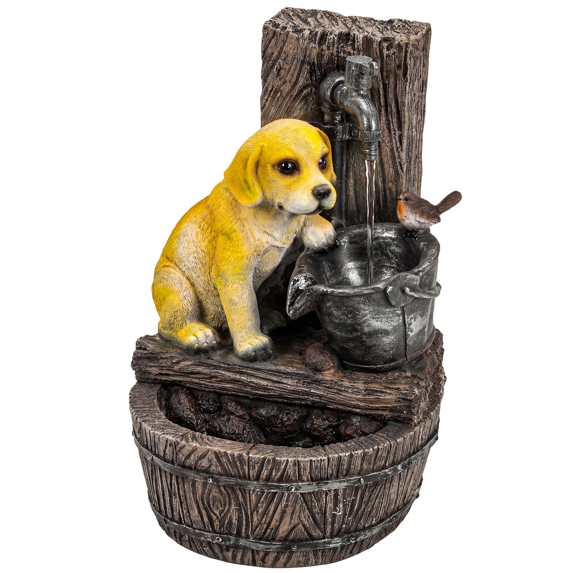 Outsunny Garden Water Feature with 3-Tier Rustic Puppy Design, Freestanding Resin with LED Lights, Adjustable Flow, Rustic Brown