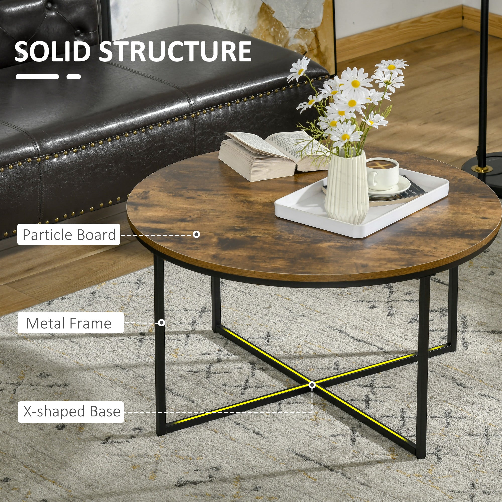 HOMCOM Round Coffee Table, Industrial Side Table with Metal Frame, Large Coffee Tables for Living Room, Bedroom, Rustic Brown - North Peak Garden Furniture