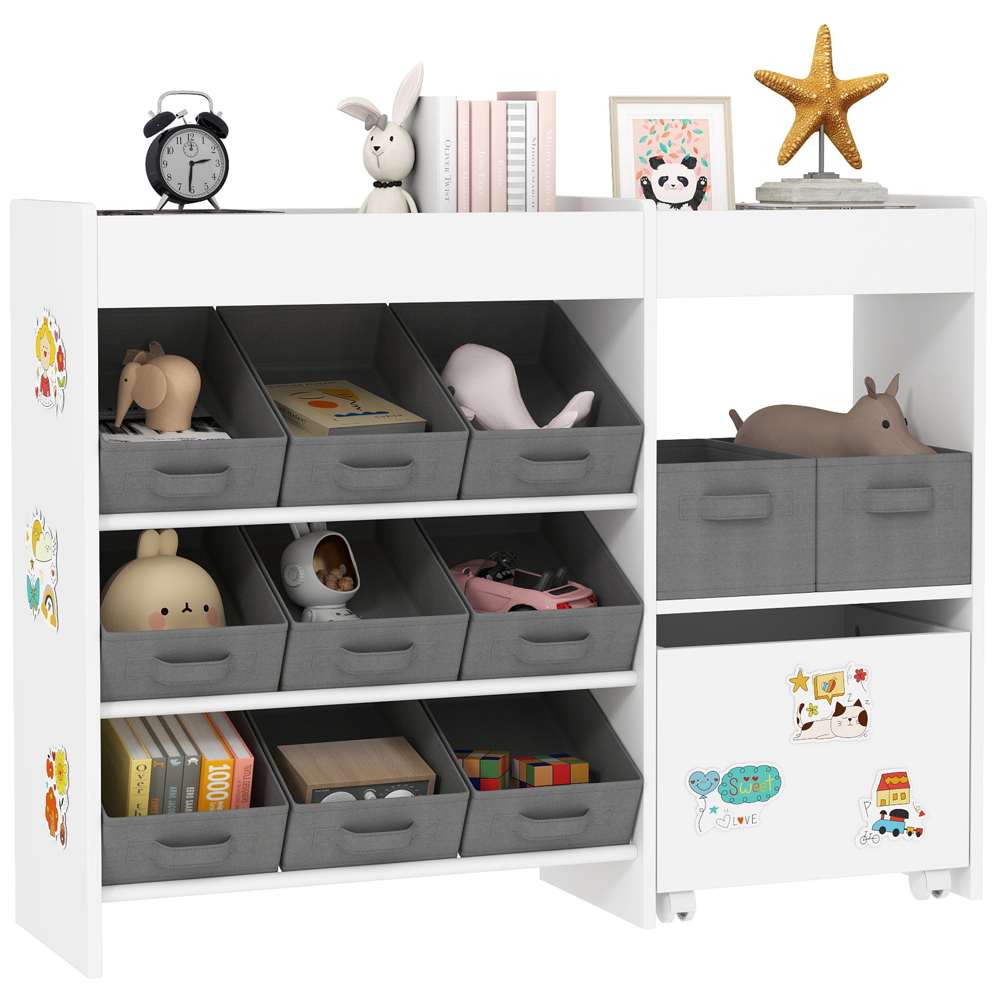 AIYAPLAY Kids Toy Storage Unit with 11 Bins, Cabinet, Top Shelves, 3 Stickers, for Nursery, Playroom, Kindergarten, White - North Peak Garden Furniture