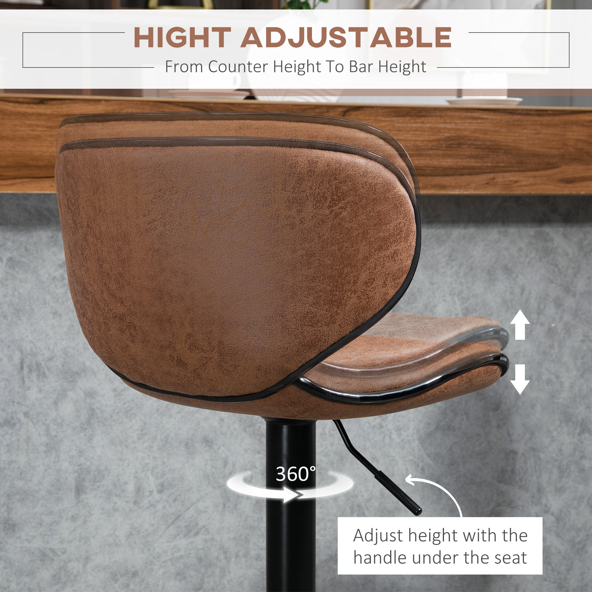 HOMCOM Bar Stool Set of 2 Microfiber Cloth Adjustable Height Armless Chairs with Swivel Seat, Brown - North Peak Garden Furniture