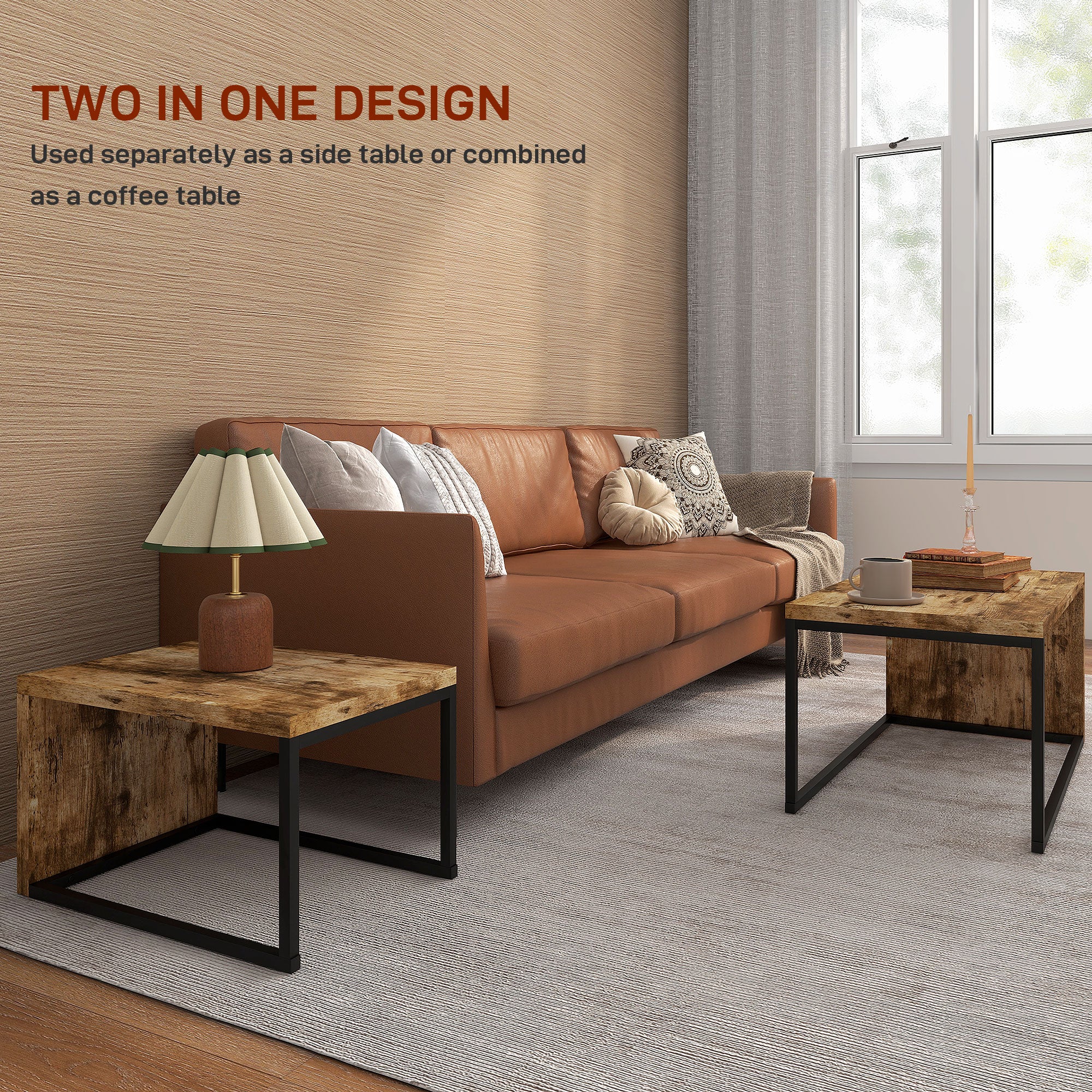 HOMCOM Coffee Tables Nesting Table Set of 2 Side Table w/ Metal Frame for Living Room Bedroom Black & Brown - North Peak Garden Furniture