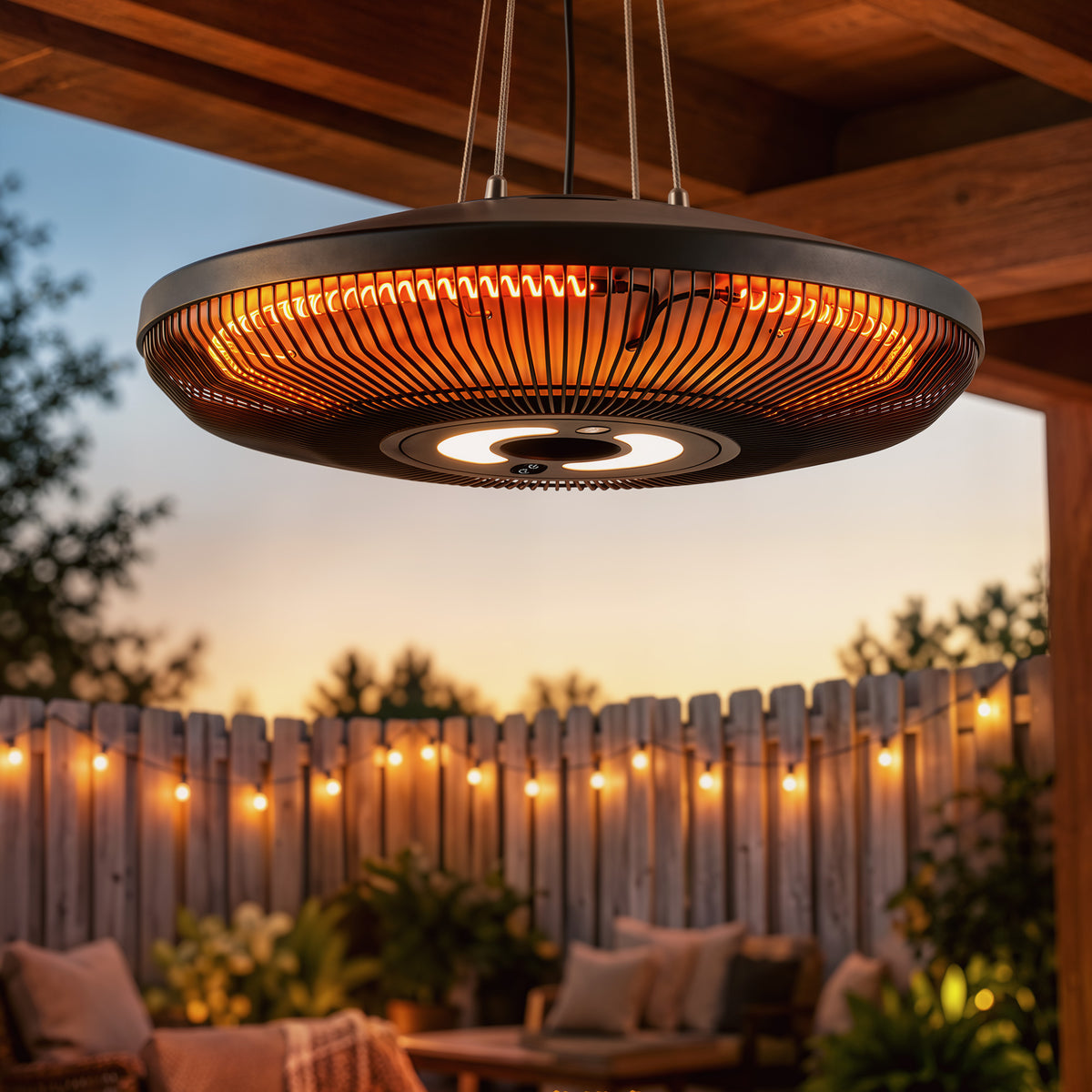 Outsunny Hanging Electric Patio Heater with LED Light, 1000/2000 W IP65 Outdoor Infrared Heater with Touch/Remote Control, Black