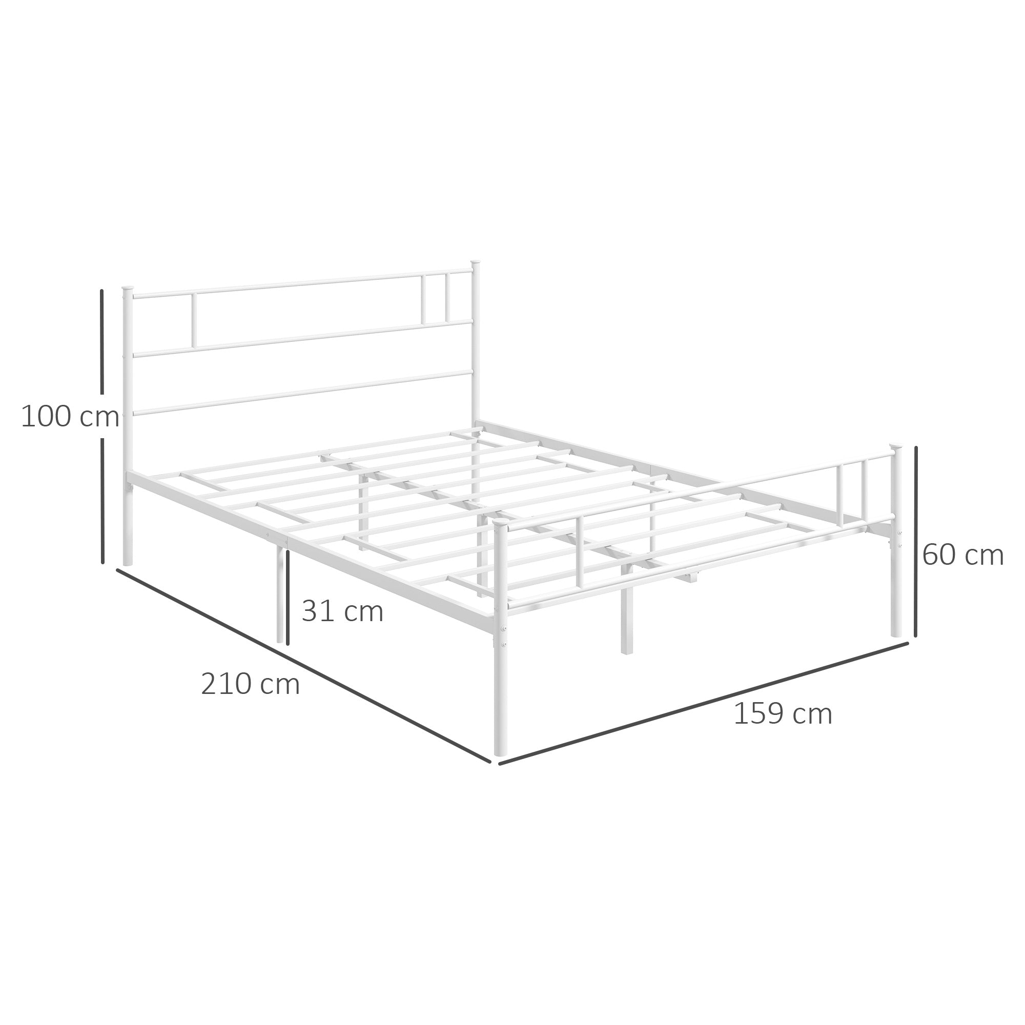 HOMCOM Double Metal Bed Frame Solid Bedstead Base with Headboard and Footboard, Metal Slat Support and Underbed Storage Space, Bedroom Furniture, White - North Peak Garden Furniture