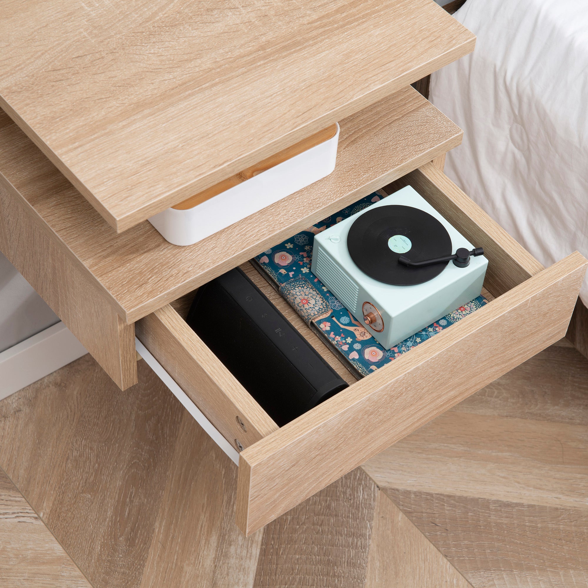 HOMCOM Floating Bedside Cabinet with Drawer and Open Shelf, Wall Mounted Nightstands, Bedside Table with Storage, Oak Tone