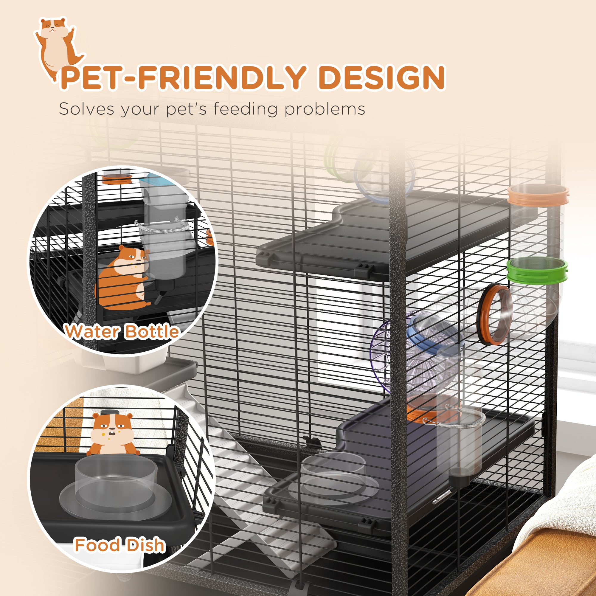 PawHut Large Hamster Cage, Gerbil Cage with Tubes, Storage Shelf, Ramps, Platforms, Running Wheel - Black - North Peak Garden Furniture