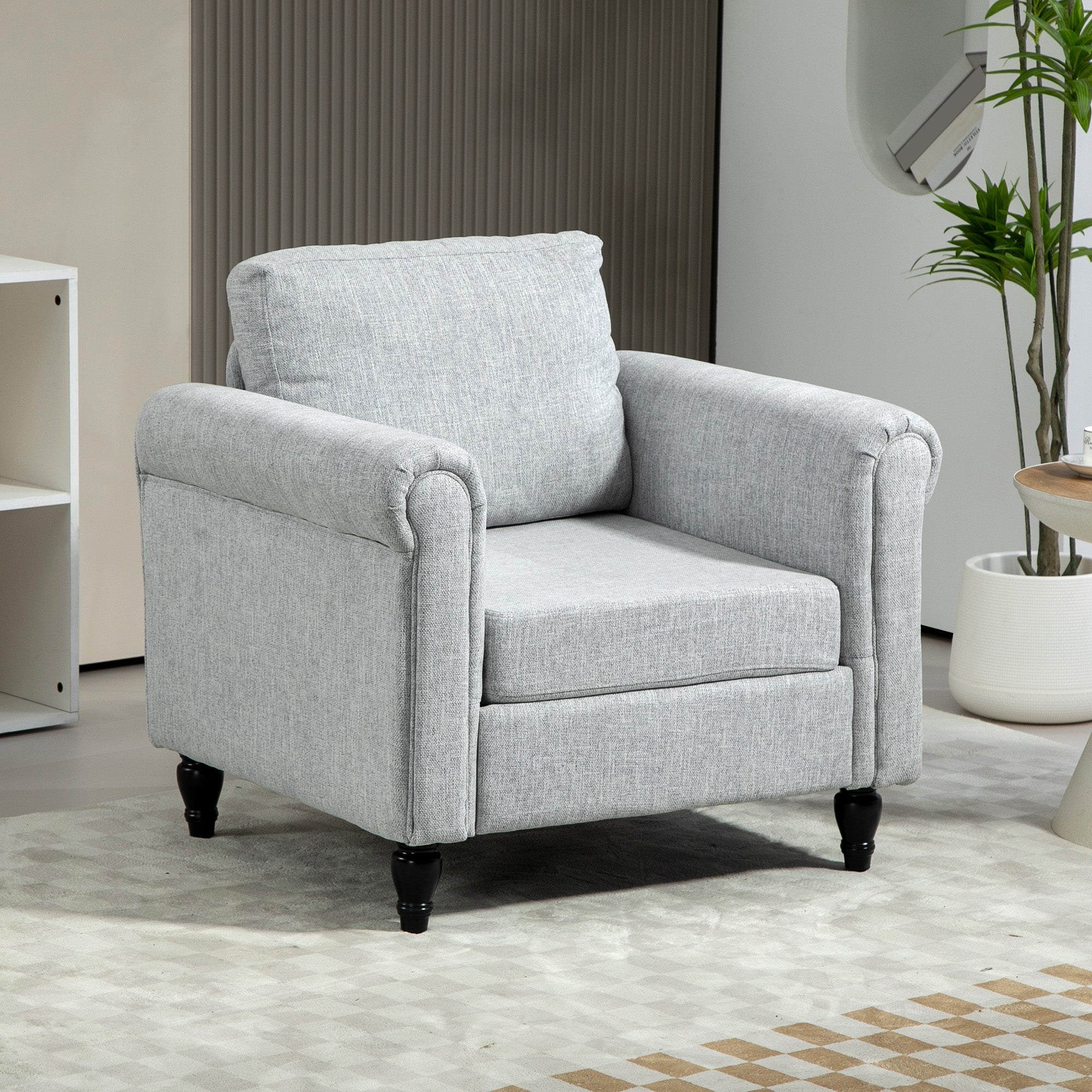 HOMCOM Vintage Accent Chair, Upholstered Occasional Chair with Back Pillow, Rolled Arms, Rubber Wood Legs, Light Grey - North Peak Garden Furniture