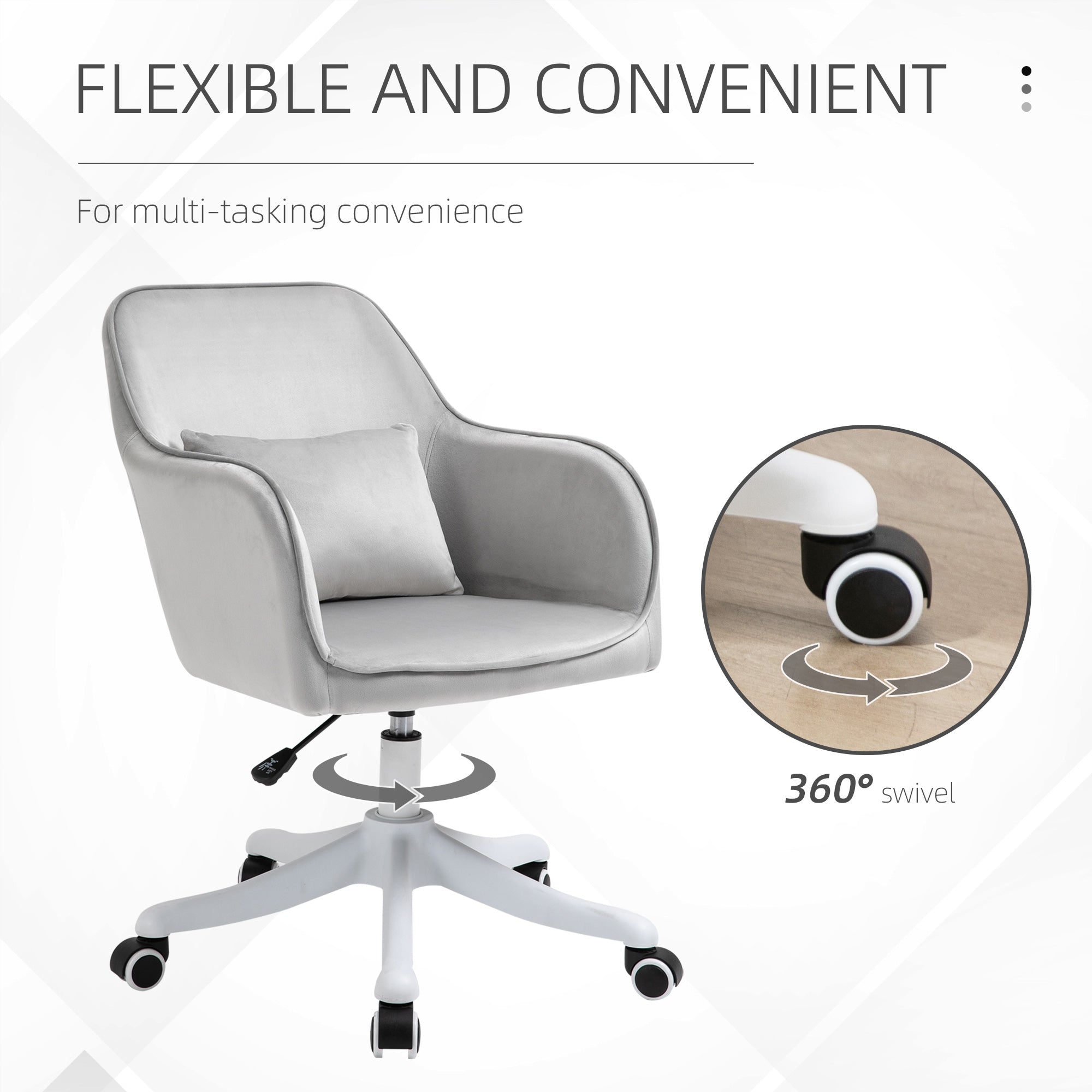 Vinsetto Velvet Office Chair, Desk Chair, Makeup Vanity Chair with Massage Lumbar Pillow and Rolling Wheels for Bedroom and Home, Grey - North Peak Garden Furniture