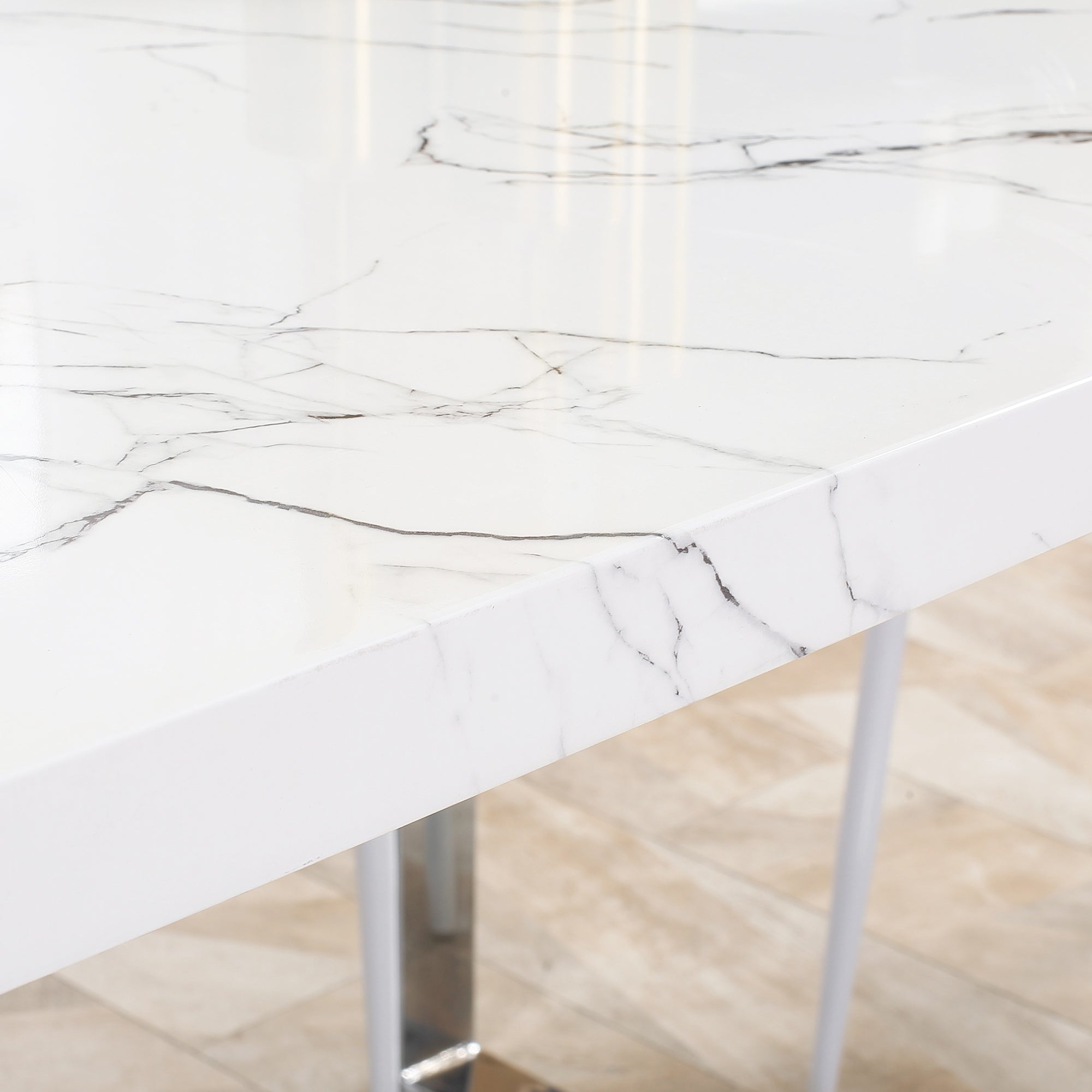 HOMCOM Modern Dining Room Table Rectangular Kitchen Table for 6-8 People with Marble Effect Tabletop Steel Legs 160 cm White - North Peak Garden Furniture