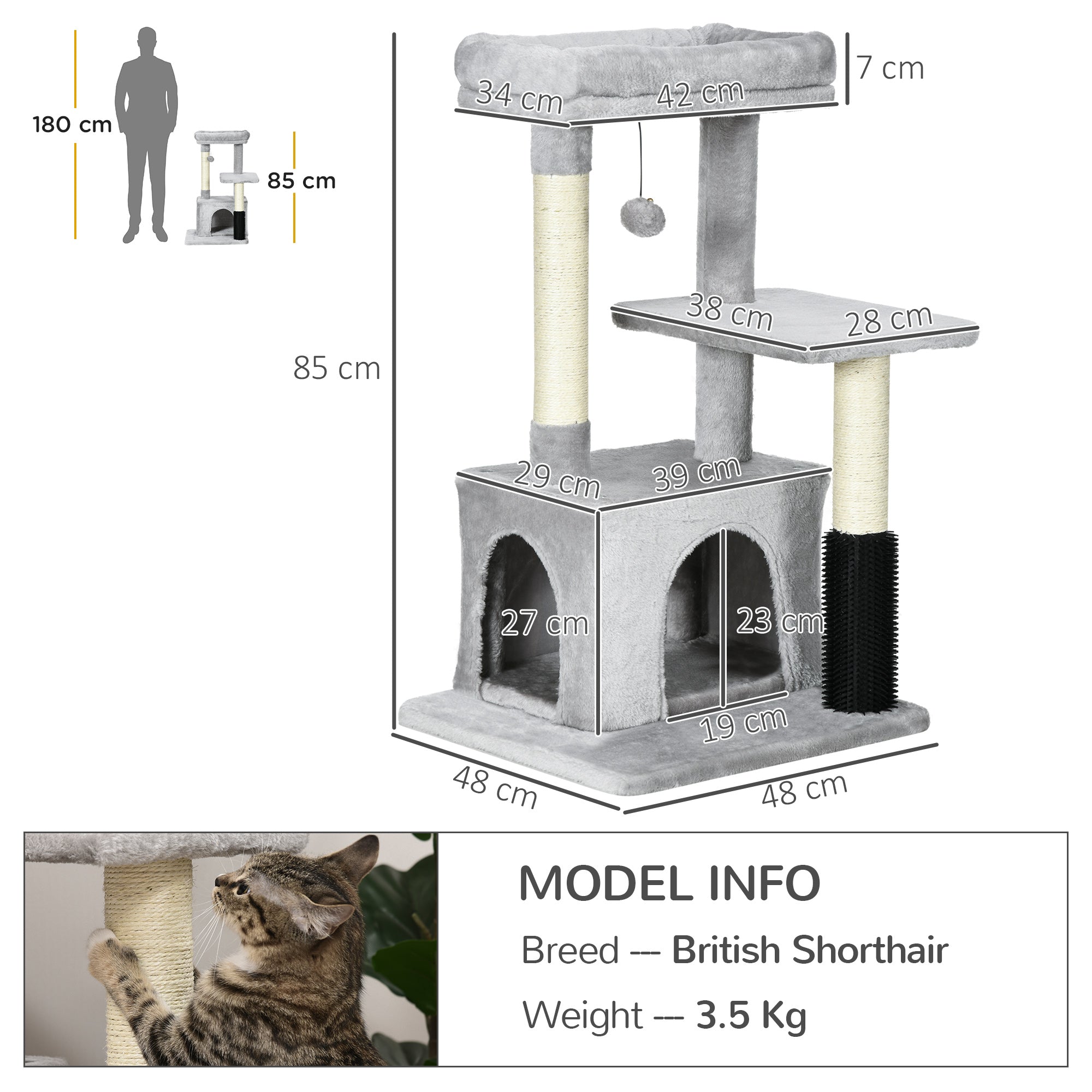 PawHut Cat Tree for Indoor Cats Climbing Tower Kitten Scratch Post Activity Center Kitten with Massage Toy Hanging Ball Bed Condo Perch 48 x 48 x 85cm Grey - North Peak Garden Furniture