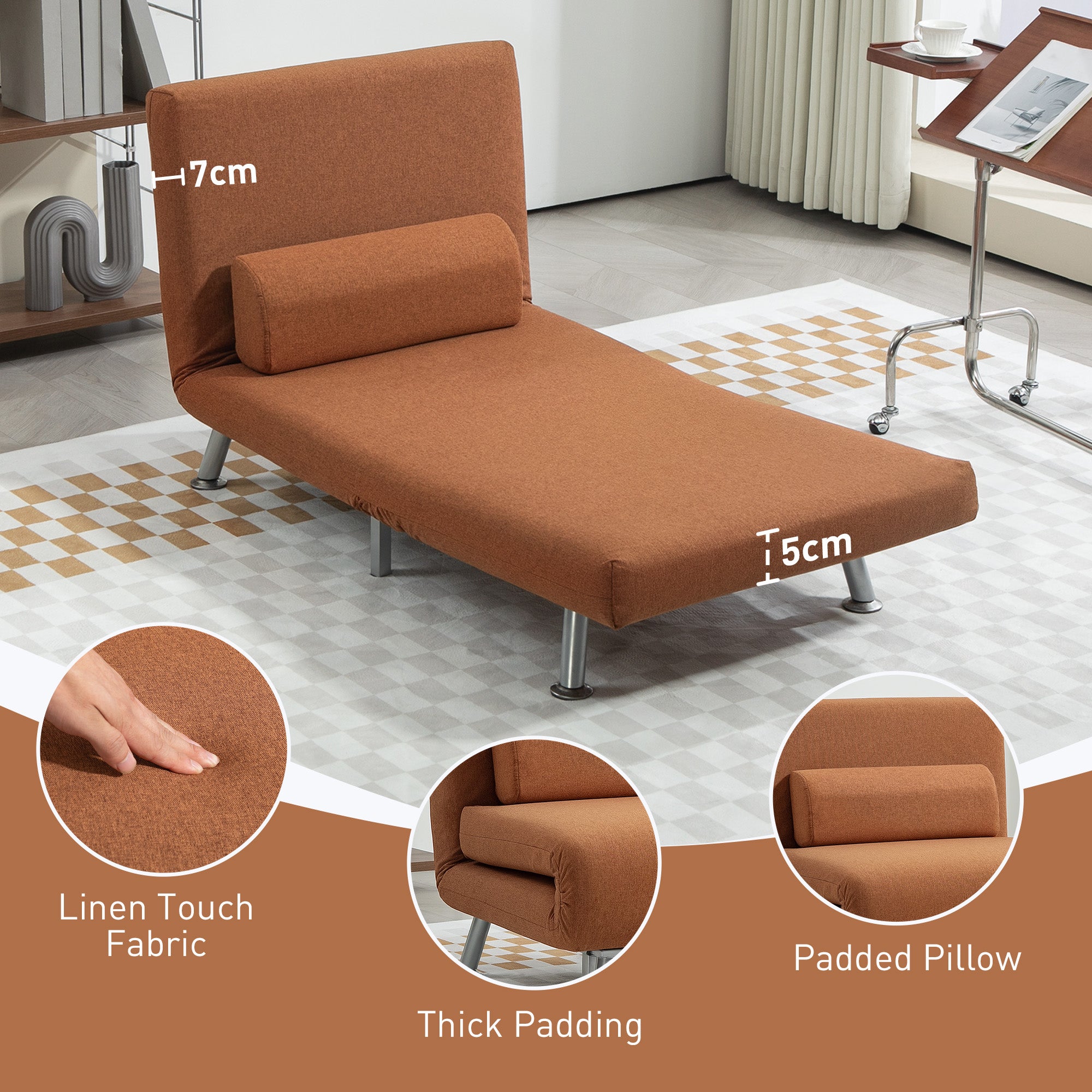 HOMCOM Single Linen-Feel Sleeper Chair - Coffee - North Peak Garden Furniture
