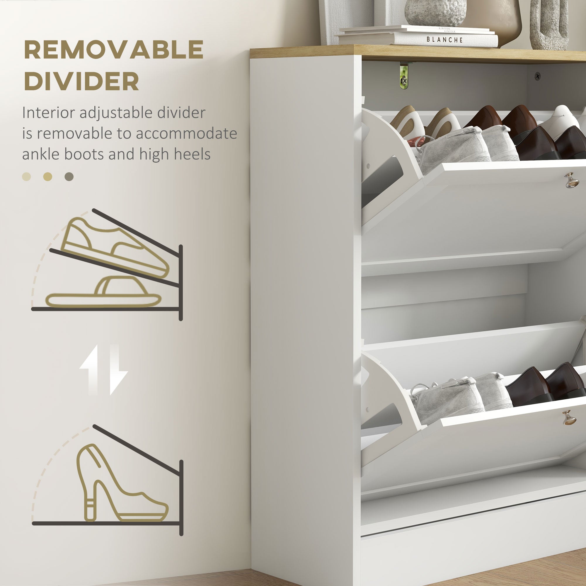 HOMCOM Narrow Shoe Cabinet with 2 Flip Drawers and Adjustable Shelves - White - North Peak Garden Furniture
