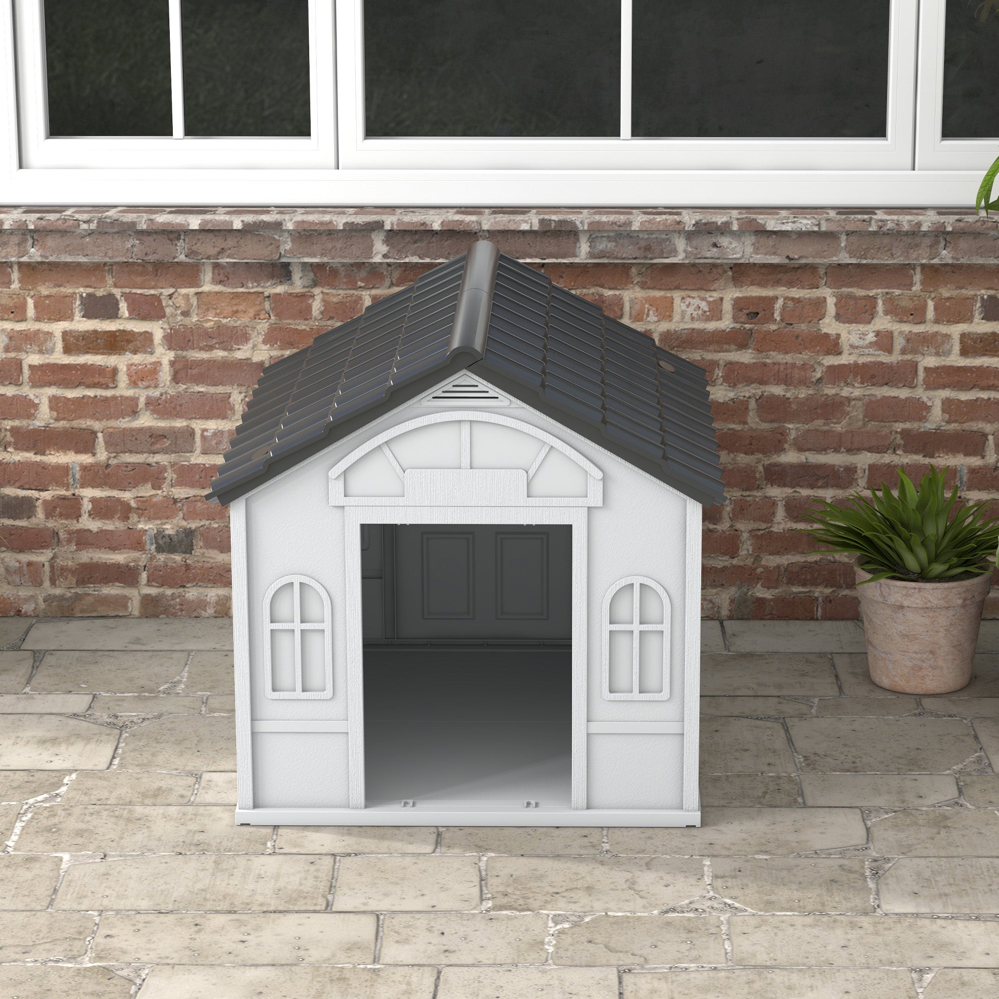 PawHut Plastic Weather-Resistant Dog House, for Indoors and Outdoors, Large Dogs - Grey - North Peak Garden Furniture