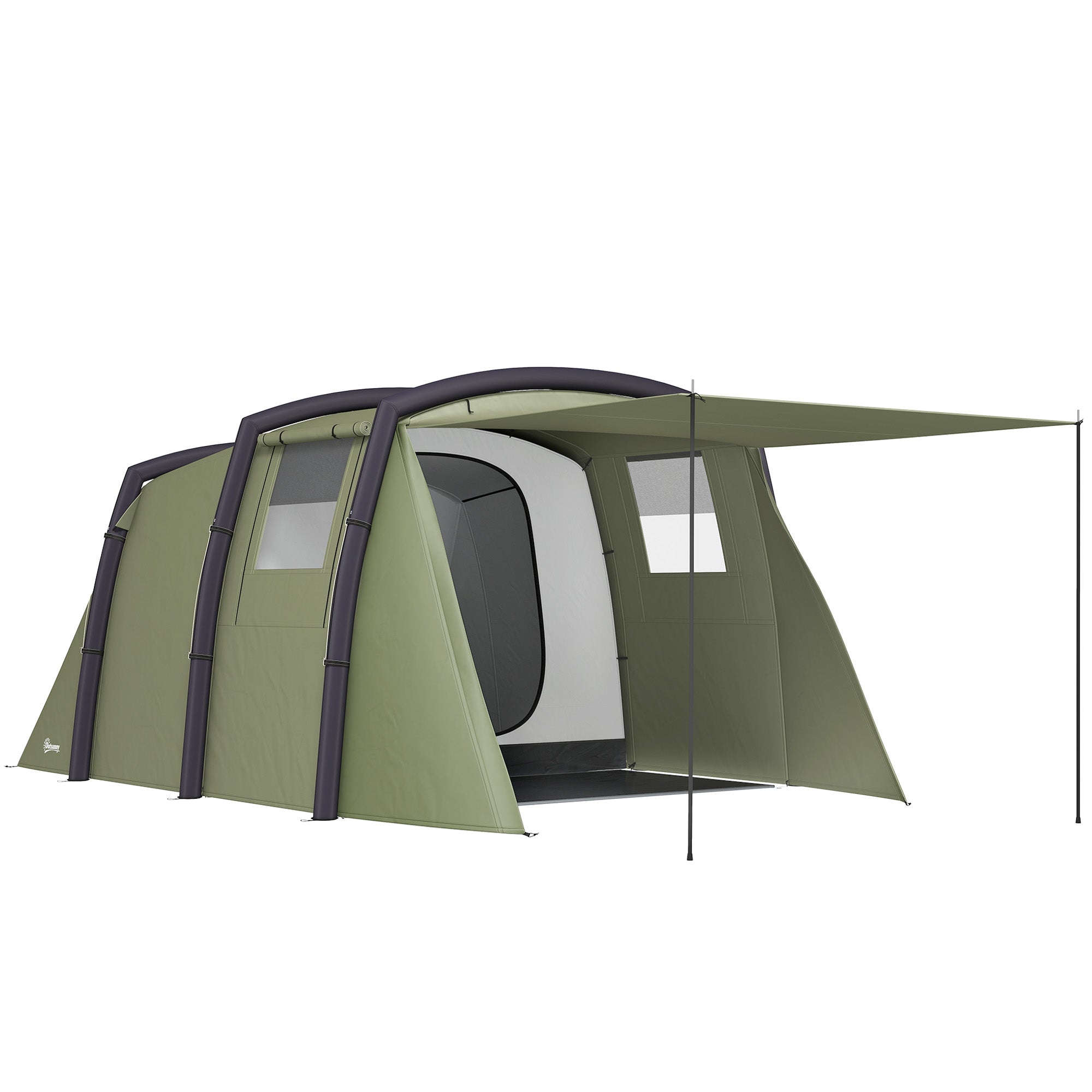 Outsunny Inflatable 3-4 Man Tunnel Tent w/ Air Pump, Living Area & Vestibule, Waterproof Family Camping Air Tent w/ Sewn In Groundsheet & Removable Footprint for Camping, Hiking, Olive Green - North Peak Garden Furniture