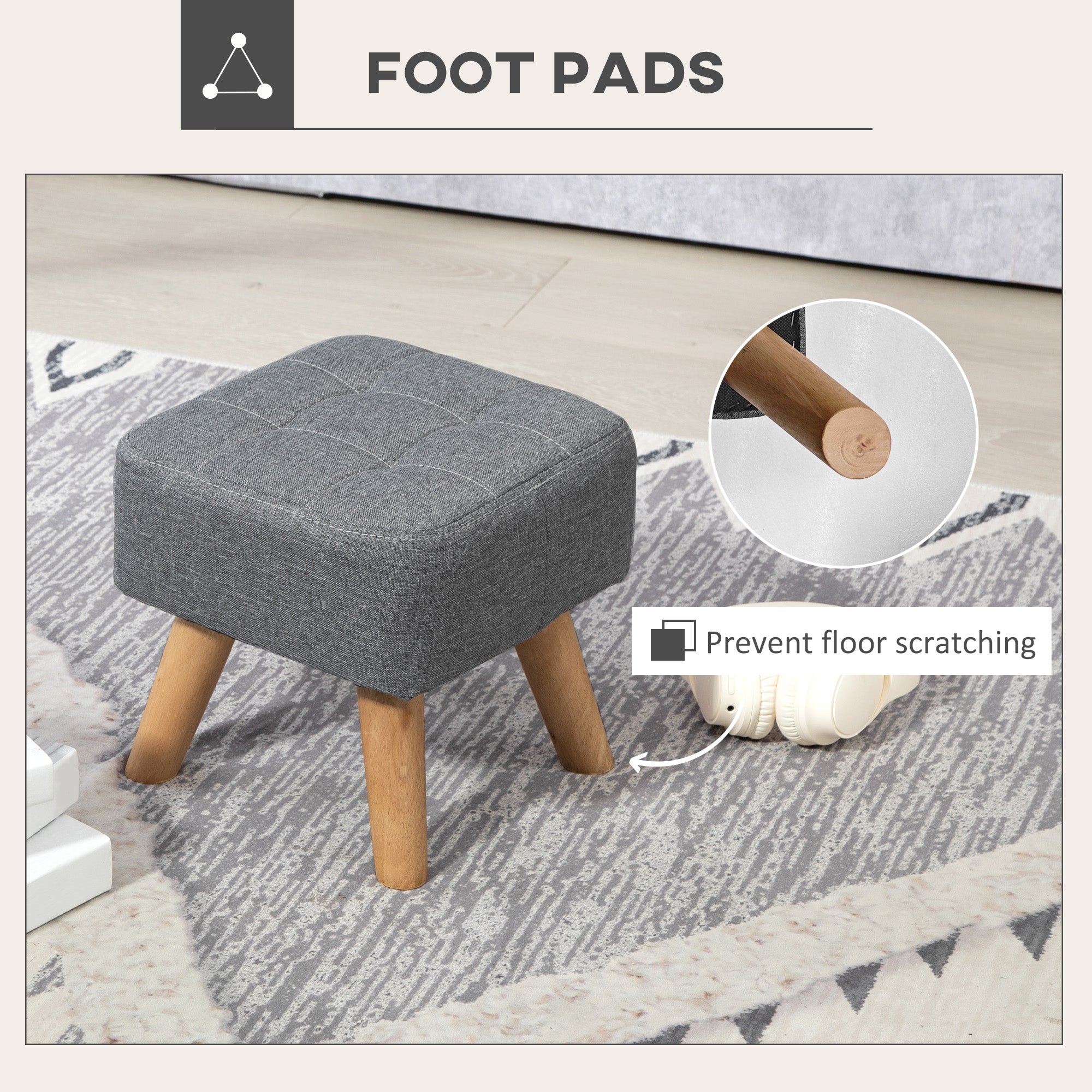 HOMCOM Modern Tufted Footstool, Fabric Foot Stool with Rubber Wood Legs, Padded Seat, for Living Room, Bedroom, Entryway, Grey - North Peak Garden Furniture