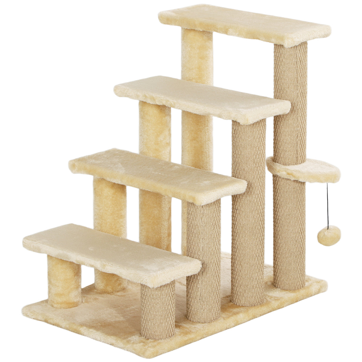 PawHut 4-step Pet Stairs with Scratching Posts, Platforms, Toy Ball, Beige