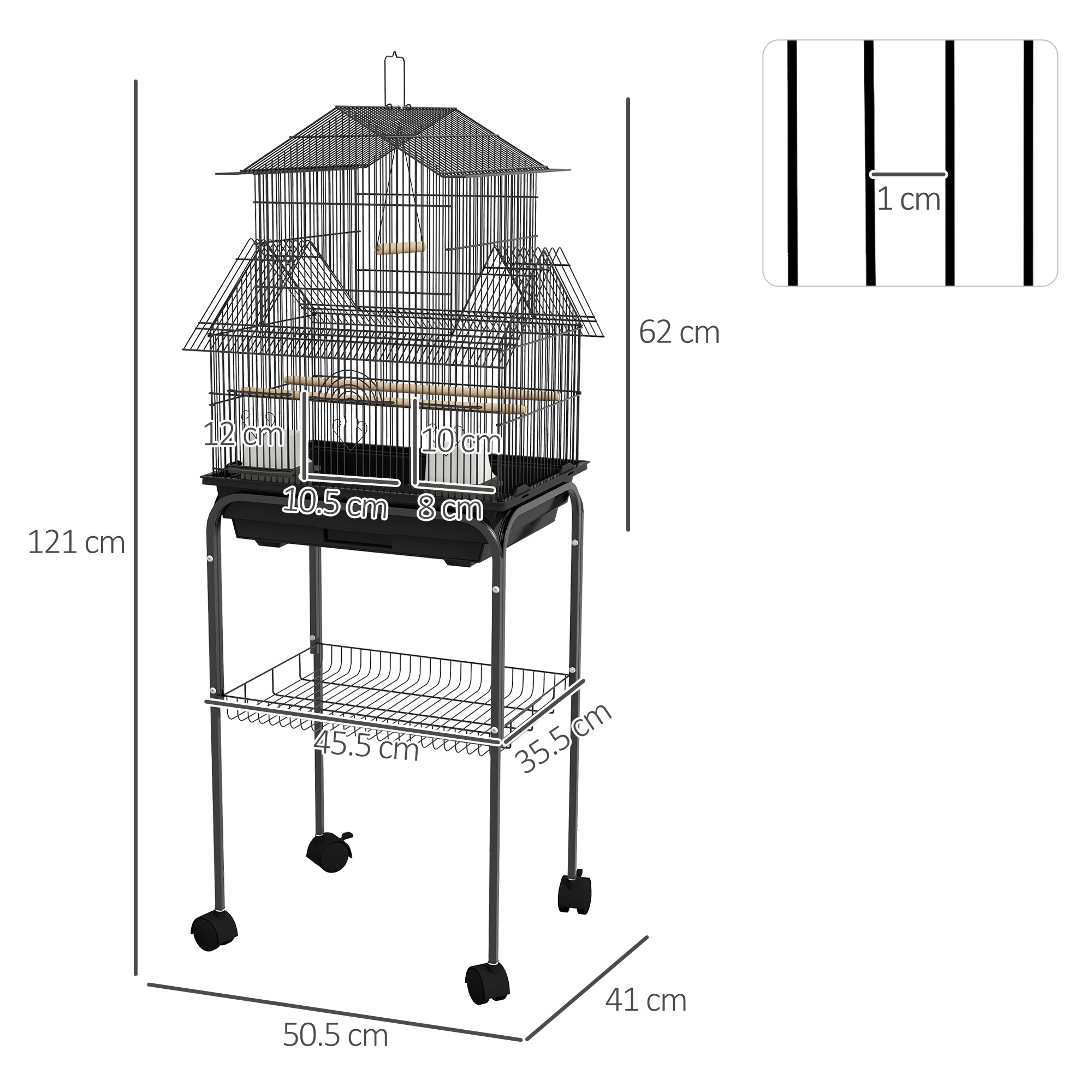 PawHut Metal Bird Cage with Plastic Swing, Perch, Food Container, Tray, Handle, for Finches, Canaries, Budgies, 50.5 x 40 x 63cm - North Peak Garden Furniture