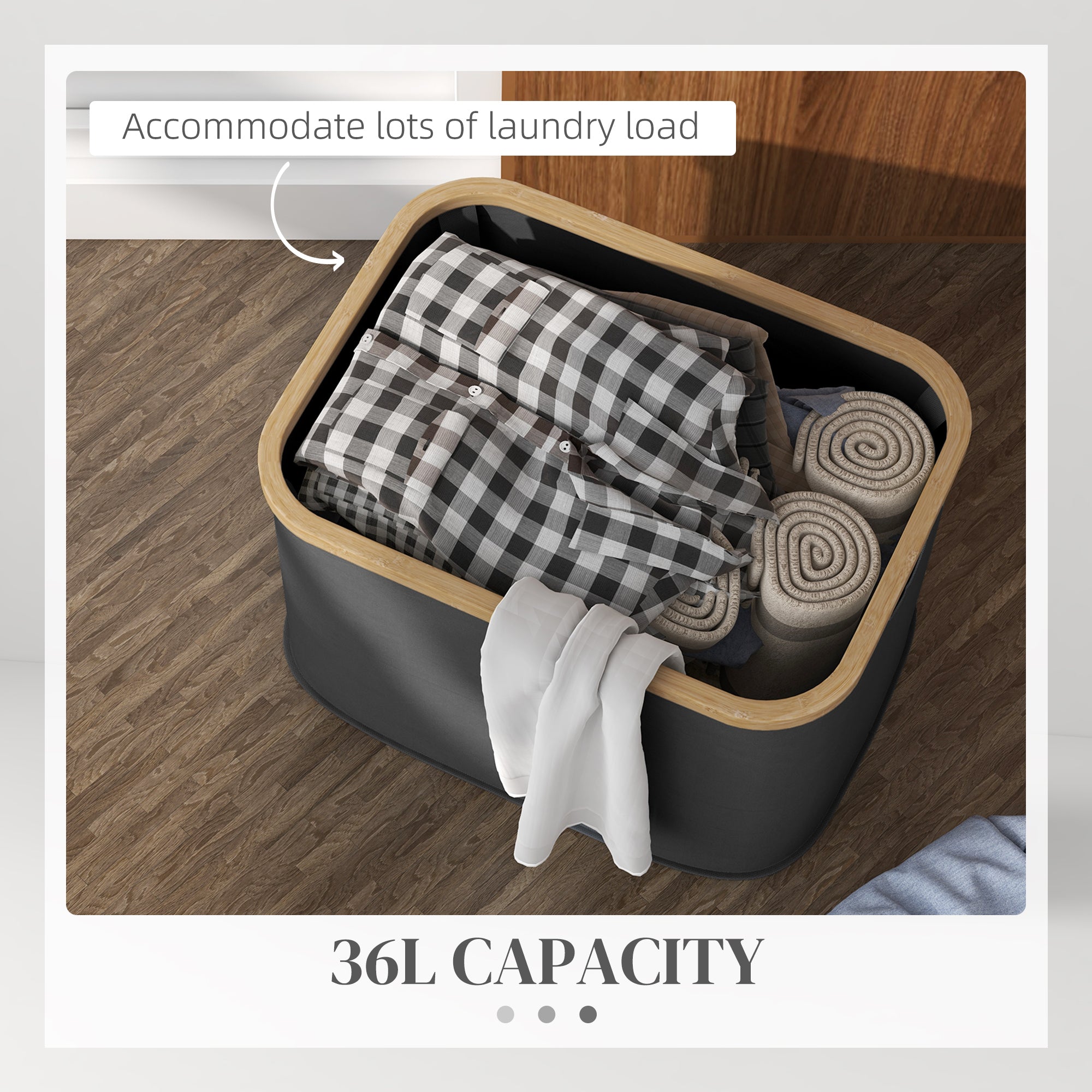 HOMCOM 36L Foldable Laundry Basket, with Bamboo Top - Black - North Peak Garden Furniture