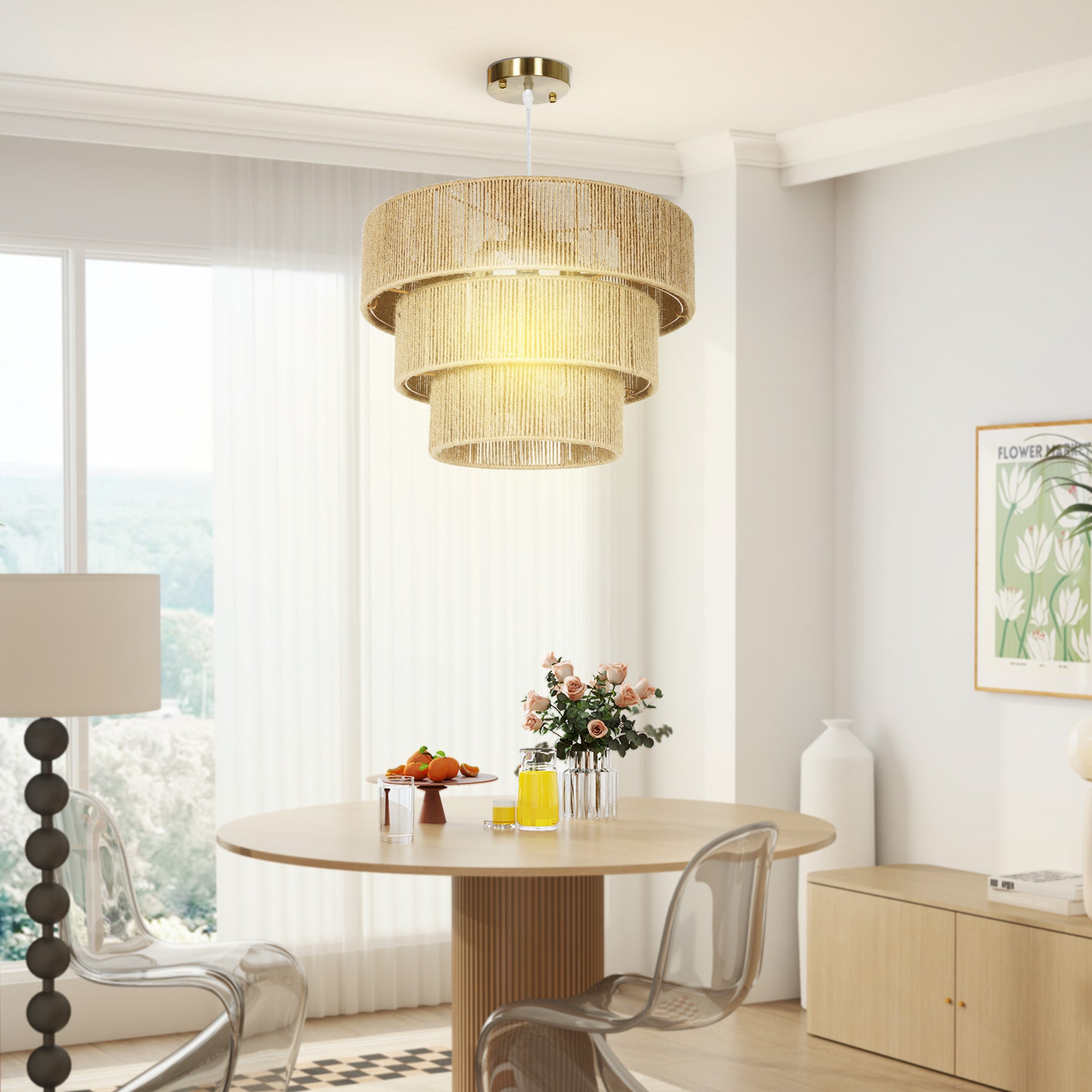 HOMCOM Hemp Rope Ceiling Light, 3-Layer Boho Pendant Light, E14 Vintage Ceiling Lamp Fixtures for Living Room, Bedroom, Kitchen, Hallway, Light Brown - North Peak Garden Furniture