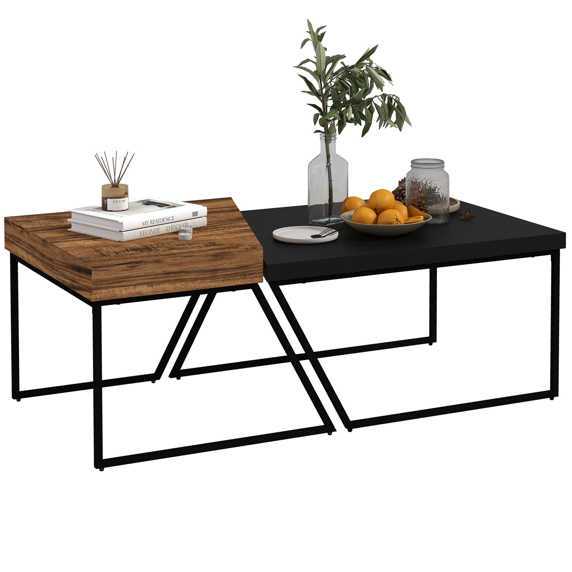 HOMCOM Coffee Table Set of 2, Industrial Nesting Table with Steel Frame and 8cm Thick Tabletop, Sofa Side End Table for Living Room, Rustic Brown - North Peak Garden Furniture