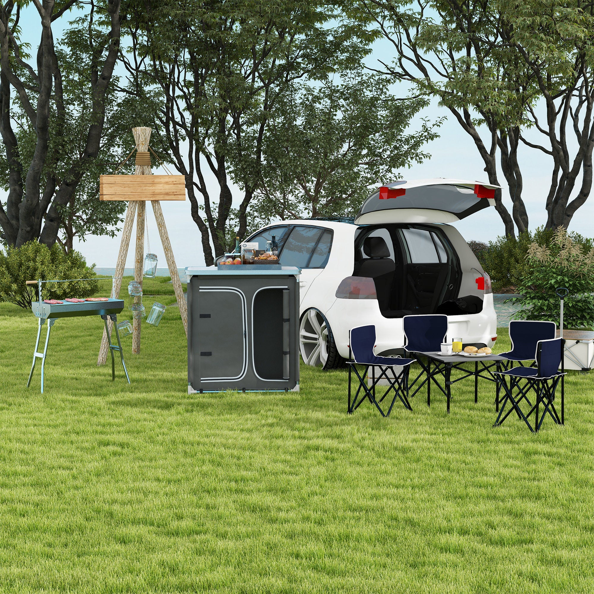Outsunny Aluminum Camping Cupboard, Camping Kitchen Station Cook Table with 3-Shelf, Storage Organiser for BBQ Party Picnic - North Peak Garden Furniture