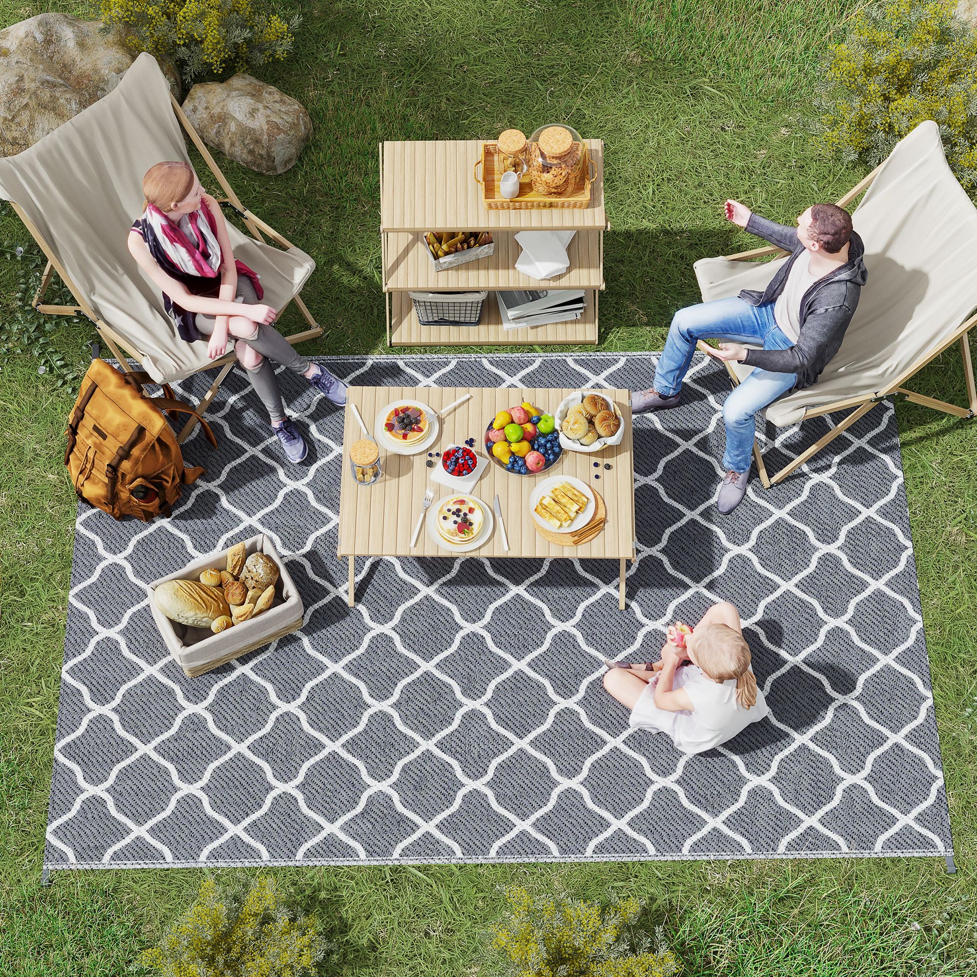 Outsunny Reversible Outdoor Rug with Carry Bag, Waterproof Plastic Straw Mat for Garden, Deck, RV, Picnic, Beach, Camping, 182 x 274cm, Grey - North Peak Garden Furniture