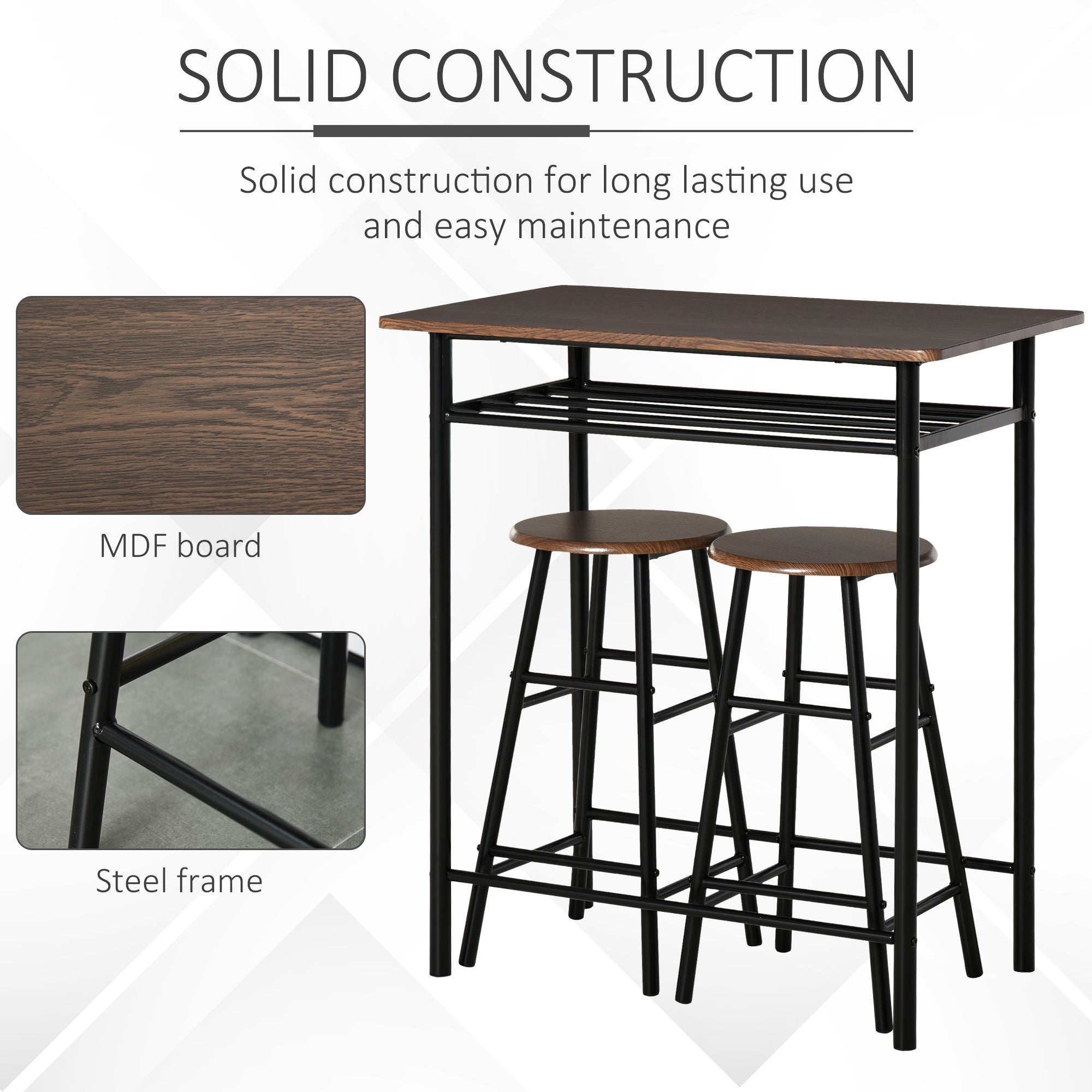 HOMCOM Bar Table Set, Bar Table and Stools Set, Footrest and Storage Shelf, for Kitchen, Dining Room, Pub, Cafe, Black and Oak