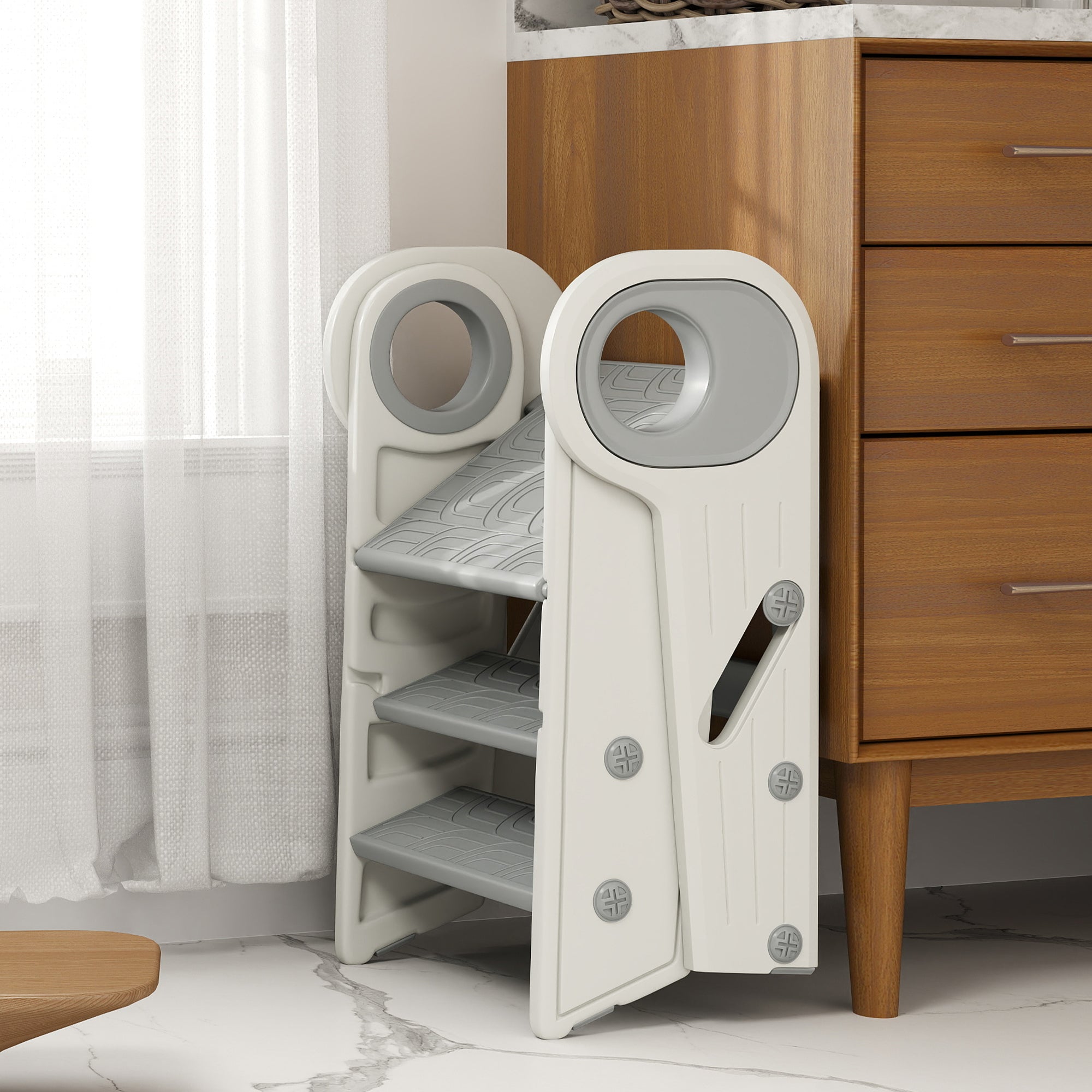 AIYAPLAY Foldable & Adjustable Toddler Tower with Handle, Non-Slip, Grey - North Peak Garden Furniture