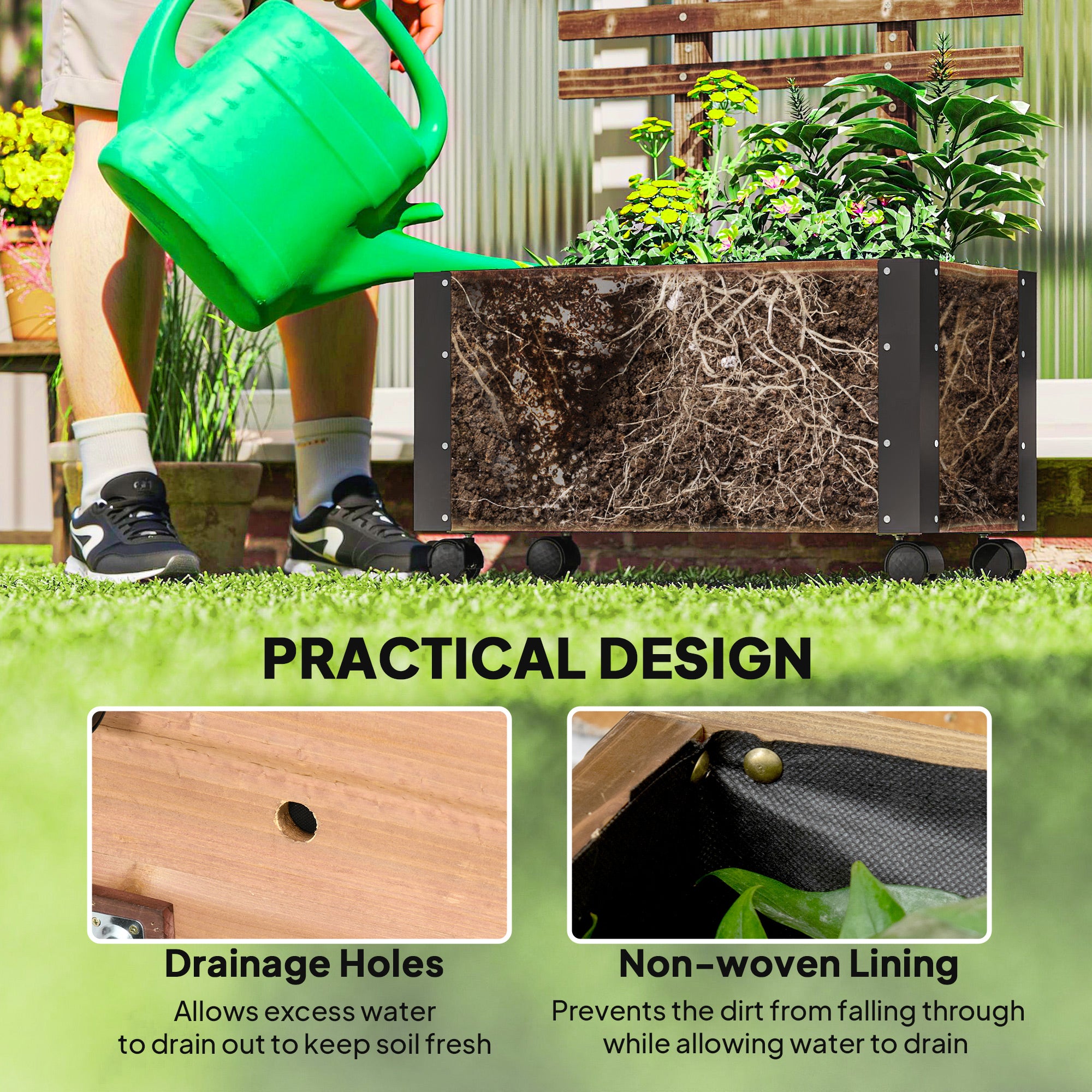 Outsunny Raised Garden Bed with Trellis, Outdoor Wooden Planter Box with Metal Corners and Wheels, Raised Bed for Garden