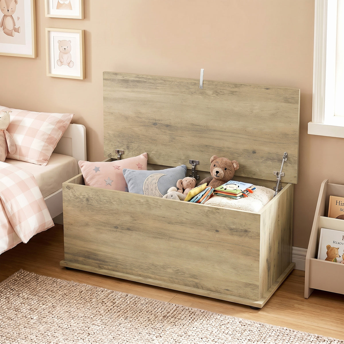 HOMCOM Large 114L Storage Chest Grey Wood Bench Trunk with Safety Lid for Bedroom Hallway and Living Room 100 x 40 x 40cm