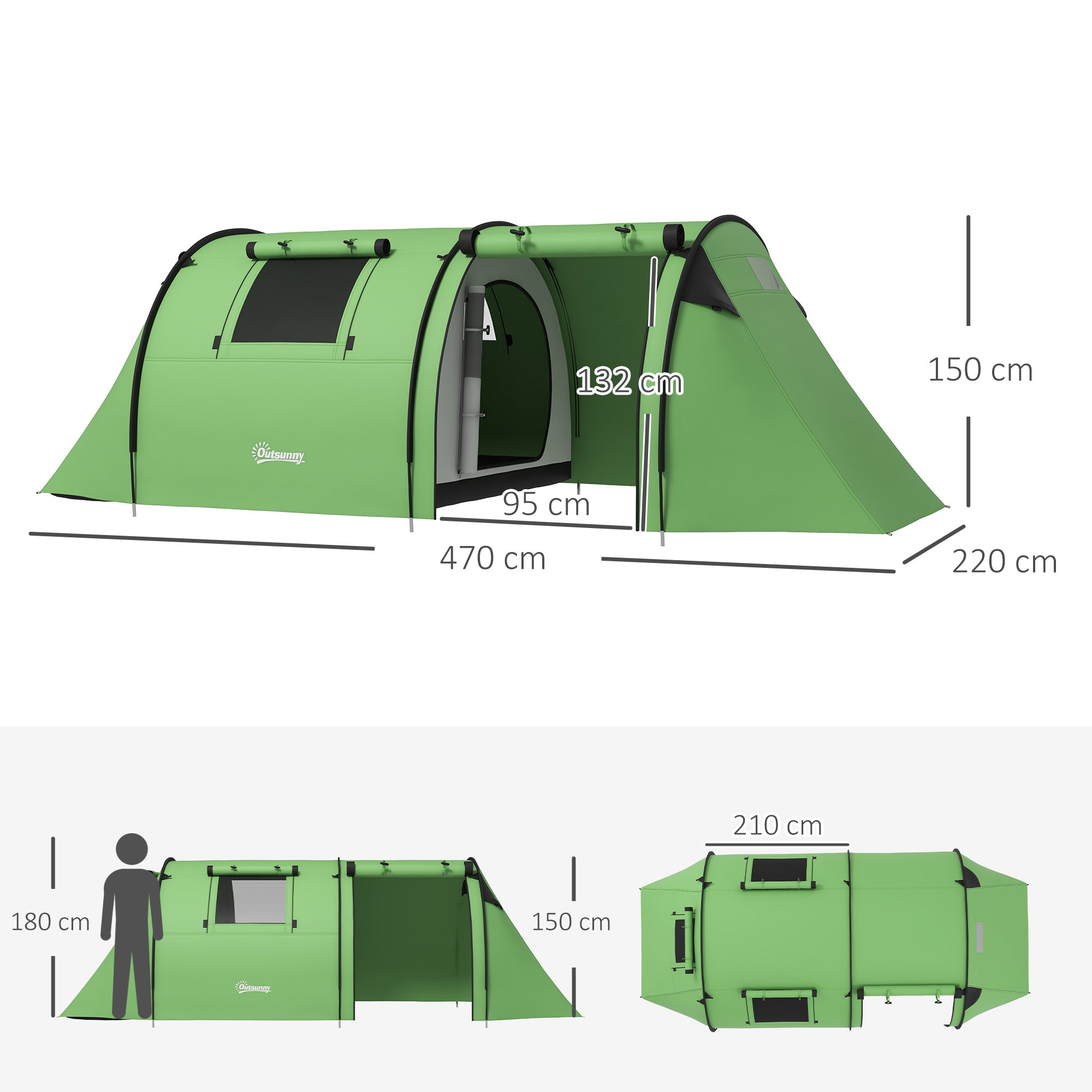Outsunny Four Man Duo Room Tunnel Tent, with Accessories - Green