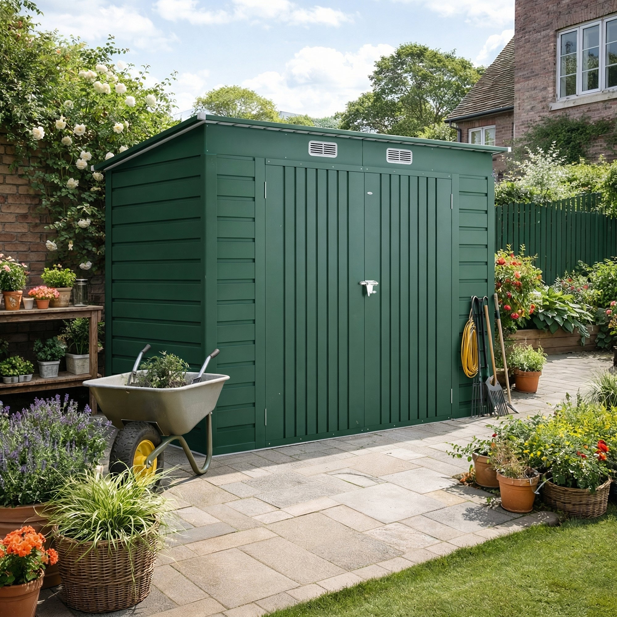Outsunny 3.7 x 7.9ft Galvanised Steel Shed, with Latched Door and Padlock - Green