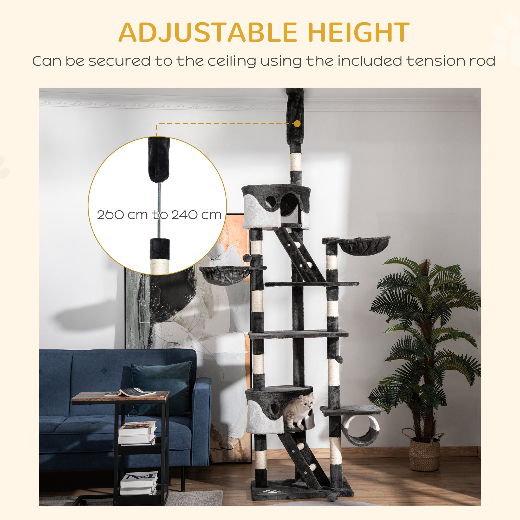 PawHut Floor-to-Ceiling Cat Tree for Indoor Cats, 240-260cm Adjustable Cat Tree - Dark grey