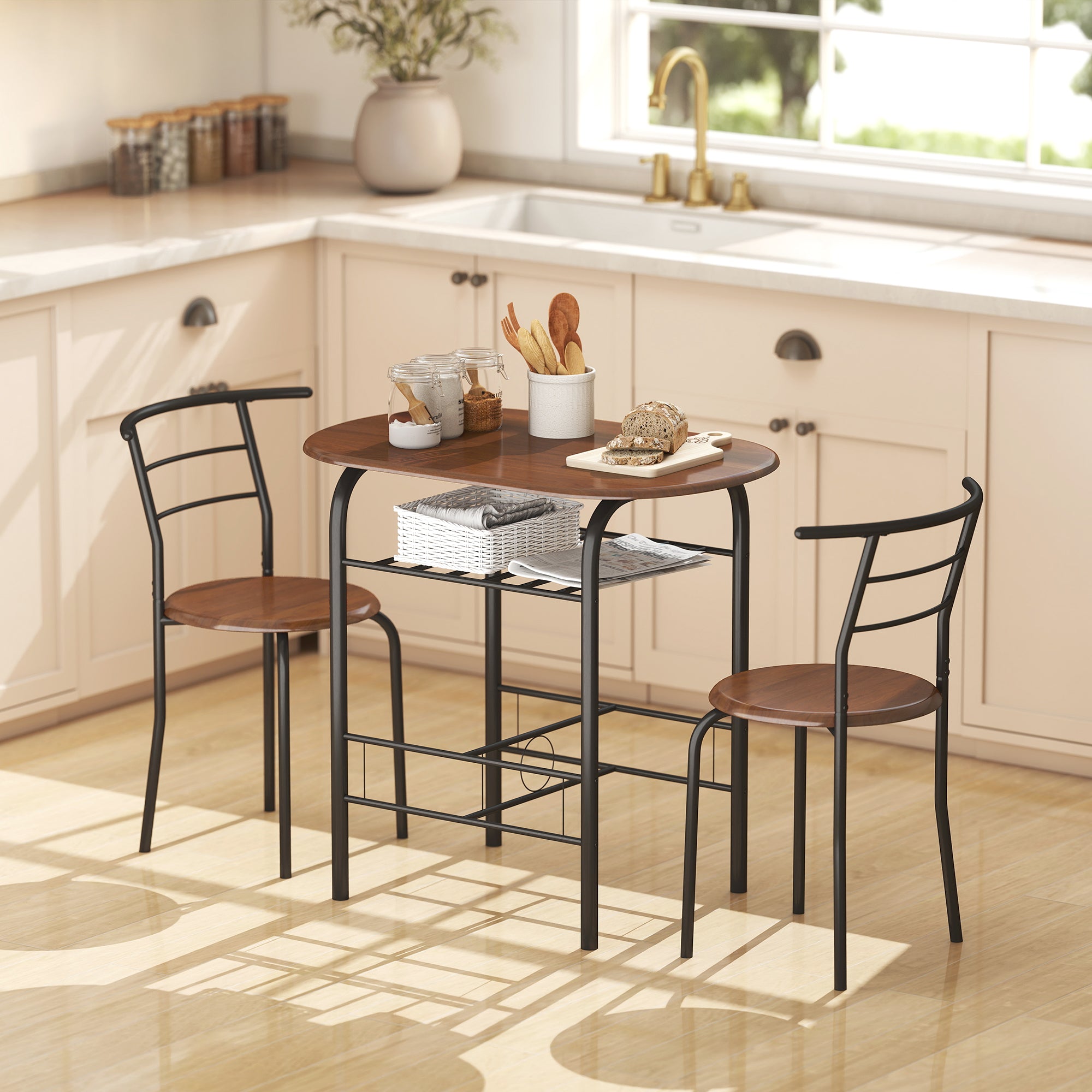HOMCOM 3-Piece Dining Table Set , Metal Frame Wood Top Breakfast Bar Table Set for 2, Dining Table w/Storage Shelf & 2 chairs