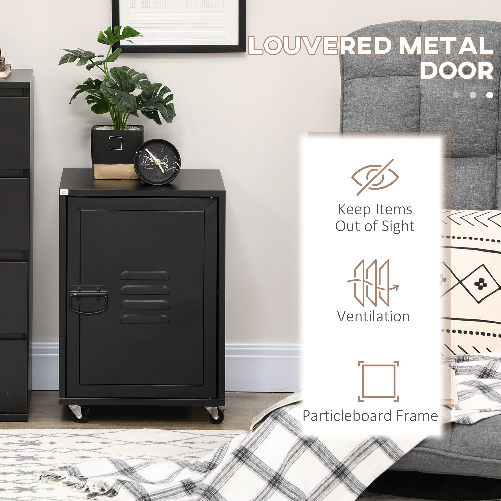 HOMCOM Industrial Bedside Table, Rolling End Side Table, Mobile Storage Cabinet With Adjustable Shelf, Wheels & Metal Door for Bedroom, Living Room, Home Office, Black - North Peak Garden Furniture
