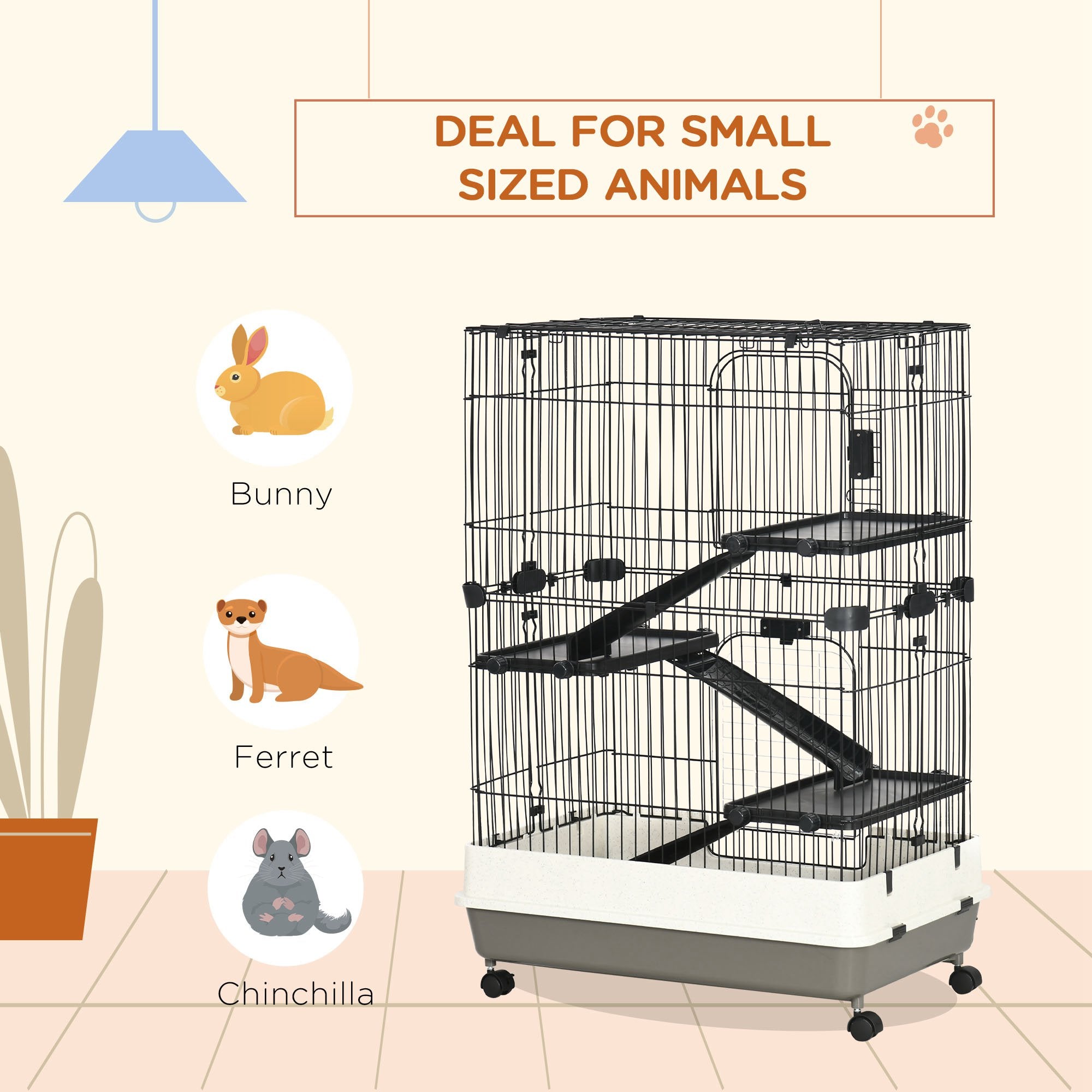 PawHut Four-Tier Small Animal Cage, for Bunnies, Ferrets, Chinchillas w/ Wheels, Tray - Black - North Peak Garden Furniture